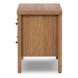 Rounded, chunky dowel legs in an amber oak finish support the overhang top of of this nightstand. Two drawers provide ample storage, finished with simple gunmetal hardware Amethyst Home provides interior design, new home construction design consulting, vintage area rugs, and lighting in the San Diego metro area.