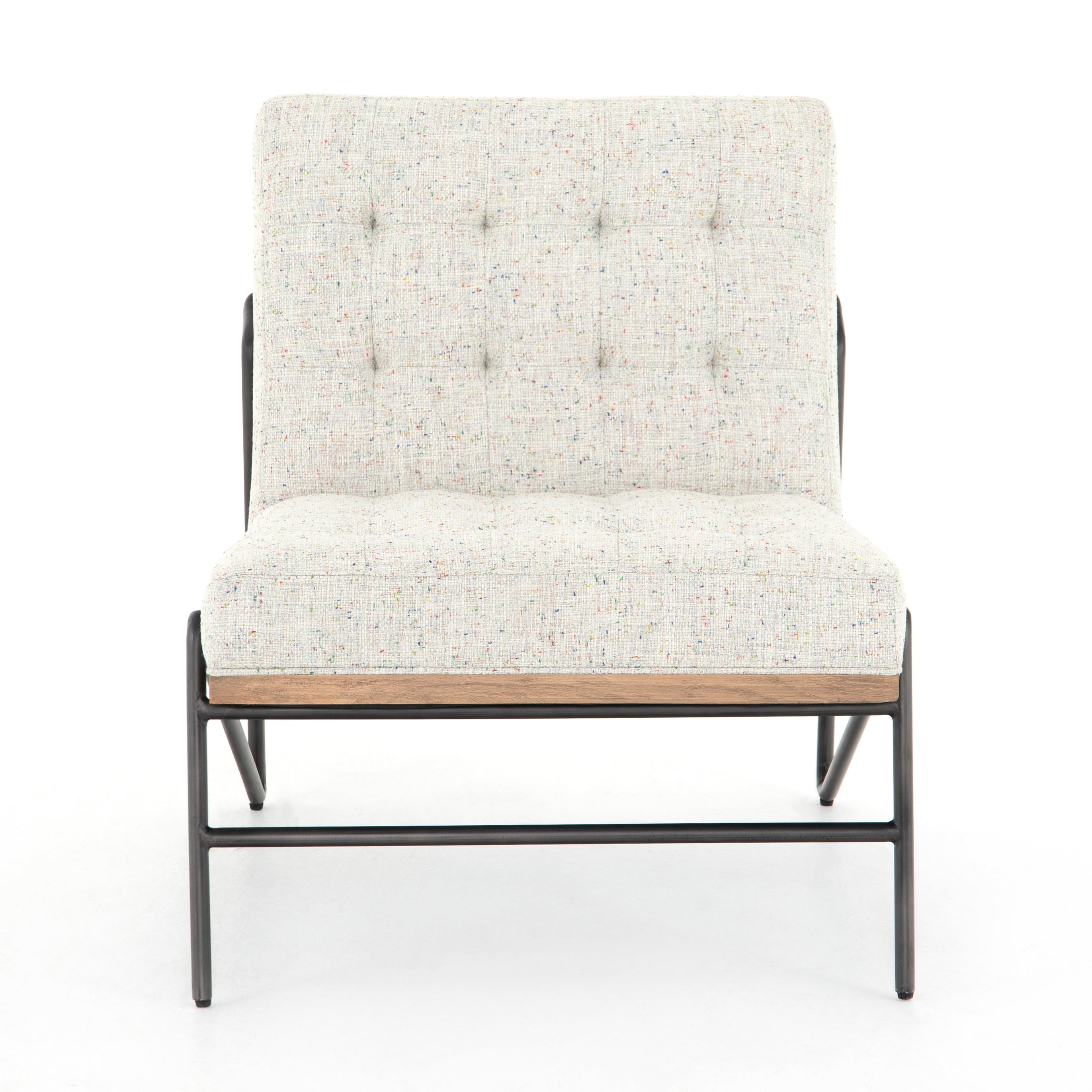 Featuring Romy Mabel Neutral Fleck Chair by Four Hands at Amethyst Home. Angular black-finished iron forms a slim hairpin frame for armless seating, with button tufting for texture. Light neutral upholstery features subtle flecks of color for a fun, fresh touch. Performance fabrics are specially created to withstand spills, stains, high traffic and wear, ensuring long-term co. Amethyst Home provides interior design, new construction, custom furniture, and area rugs in the Winter Garden metro area.