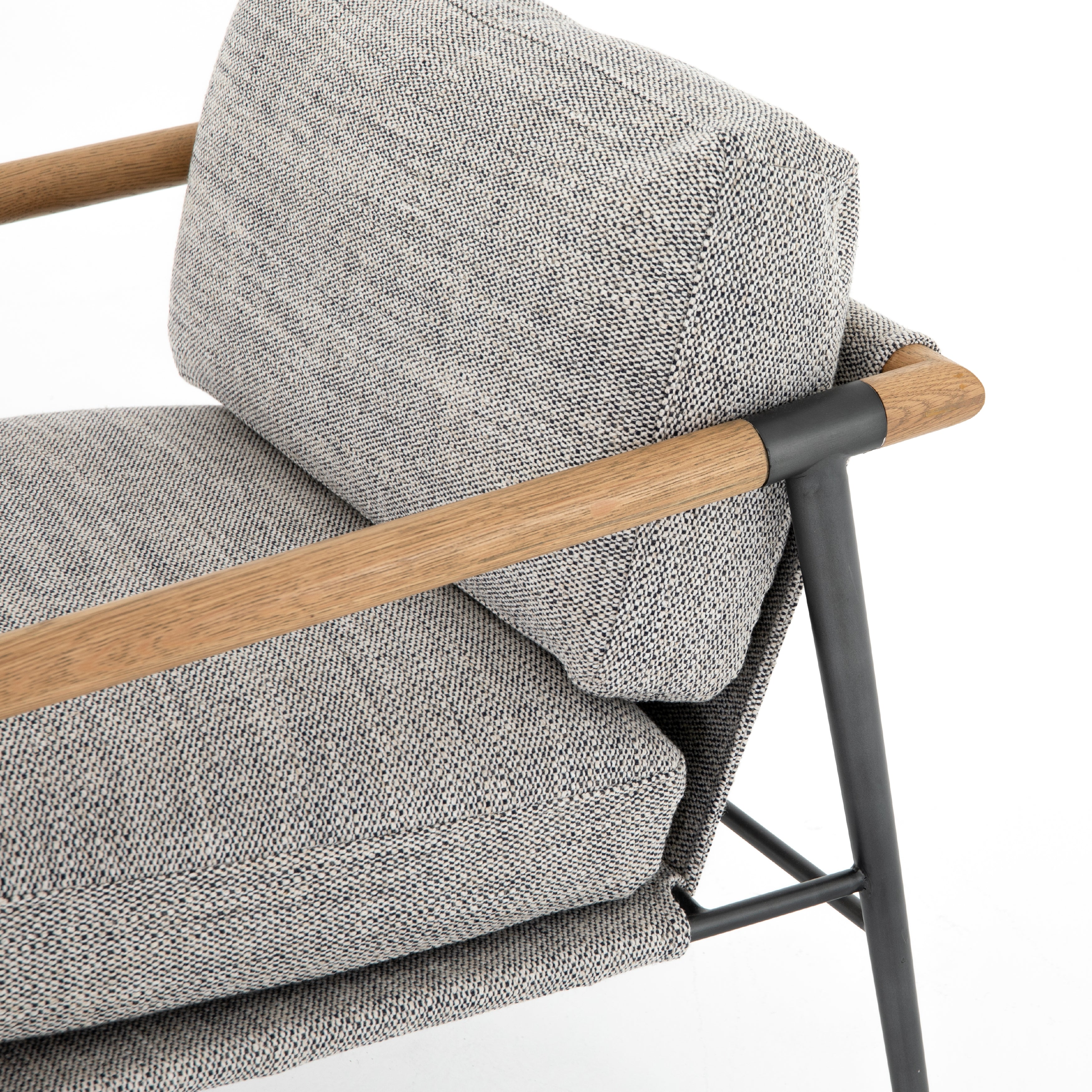 Featuring Rowen Chair - Thames Raven by Four Hands at Amethyst Home. Textural grey seating of performance-grade upholstery, with angular arms of exposed oak providing fresh contrast. Slim, carbon-finished steel legs for a dose of modern-industrial edge. Performance fabrics are specially created to withstand spills, stains, high traffic and wear, ensuring long-. Amethyst Home provides interior design, new home construction design consulting, vintage area rugs, and lighting in the Austin metro area.