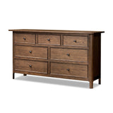 Like an heirloom dresser with three smaller drawers up top, this aged oak design has room for it all. Detailed with an overhang surface, carved edges top to bottom, angled legs and oval drawer pulls finished in dark gunmetal.Collection: Bolto Amethyst Home provides interior design, new home construction design consulting, vintage area rugs, and lighting in the Alpharetta metro area.