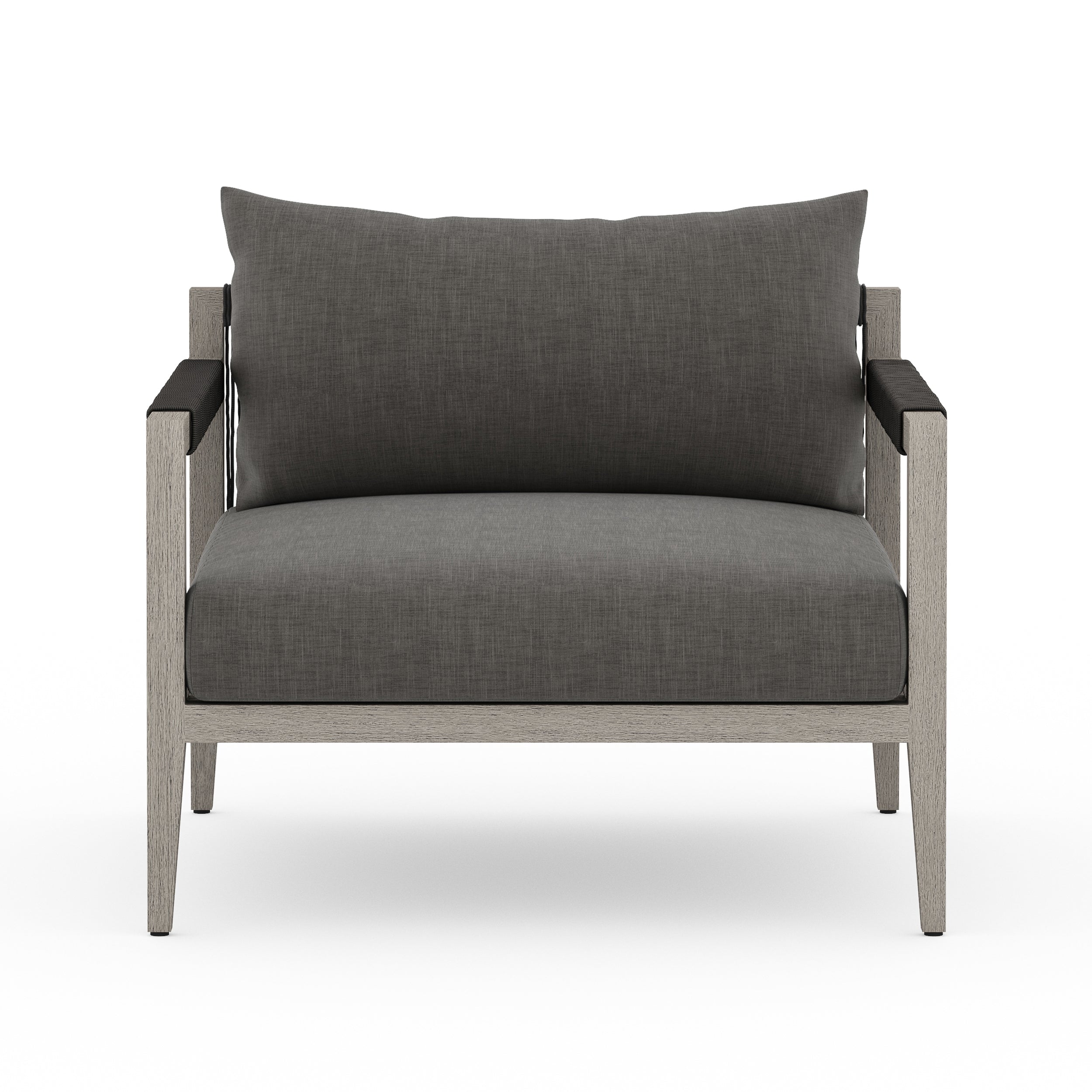 Modern materials ready a stylish silhouette for the outdoors. Weathered grey teak forms a clean frame for UV-resistant and water-repellent Sunproof fabric. Cover or store indoors during inclement weather. Amethyst Home provides interior design, new construction, custom furniture, and area rugs in the Portland metro area.