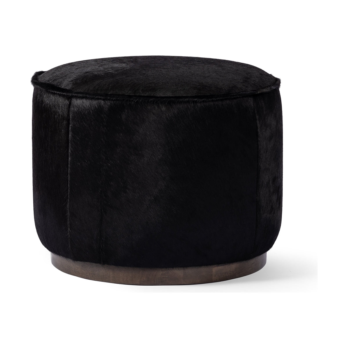 Sinclair Pouf rond avec cheveux foncés sur peau | prêt pour l'expédition!