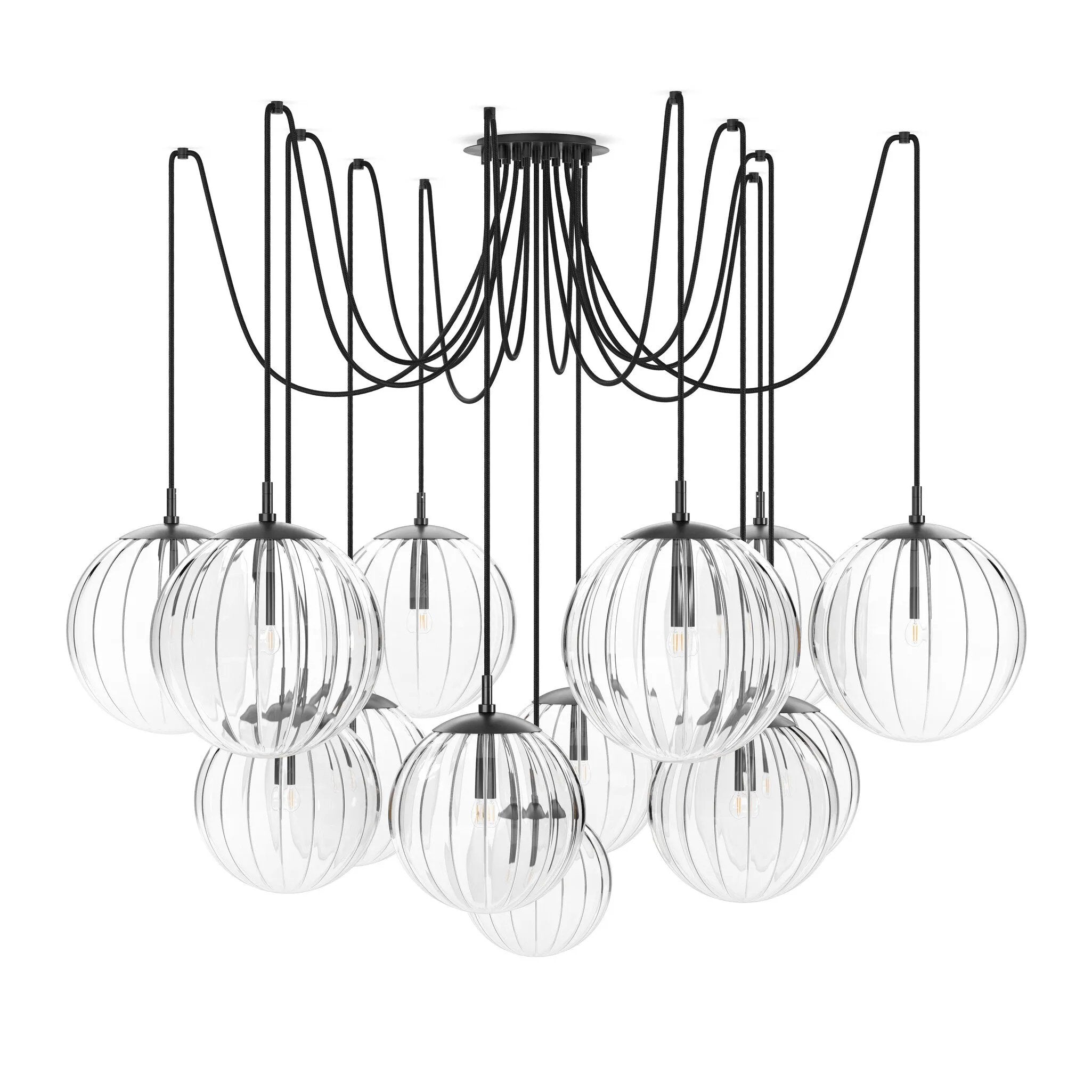 Featuring Spider Black Gunmetal Clear Ribbon Glass Cord Chandelier by Four Hands at Amethyst Home. Clear glass spheres float at varying lengths for a statement-making piece. Each globe is individually blown, shaped and sculpted by hand through a one-hour process. The finish on the brass frame is achieved through a specialized process that turns the brass. Amethyst Home provides interior design, new home construction design consulting, vintage area rugs, and lighting in the Laguna Beach metro area.