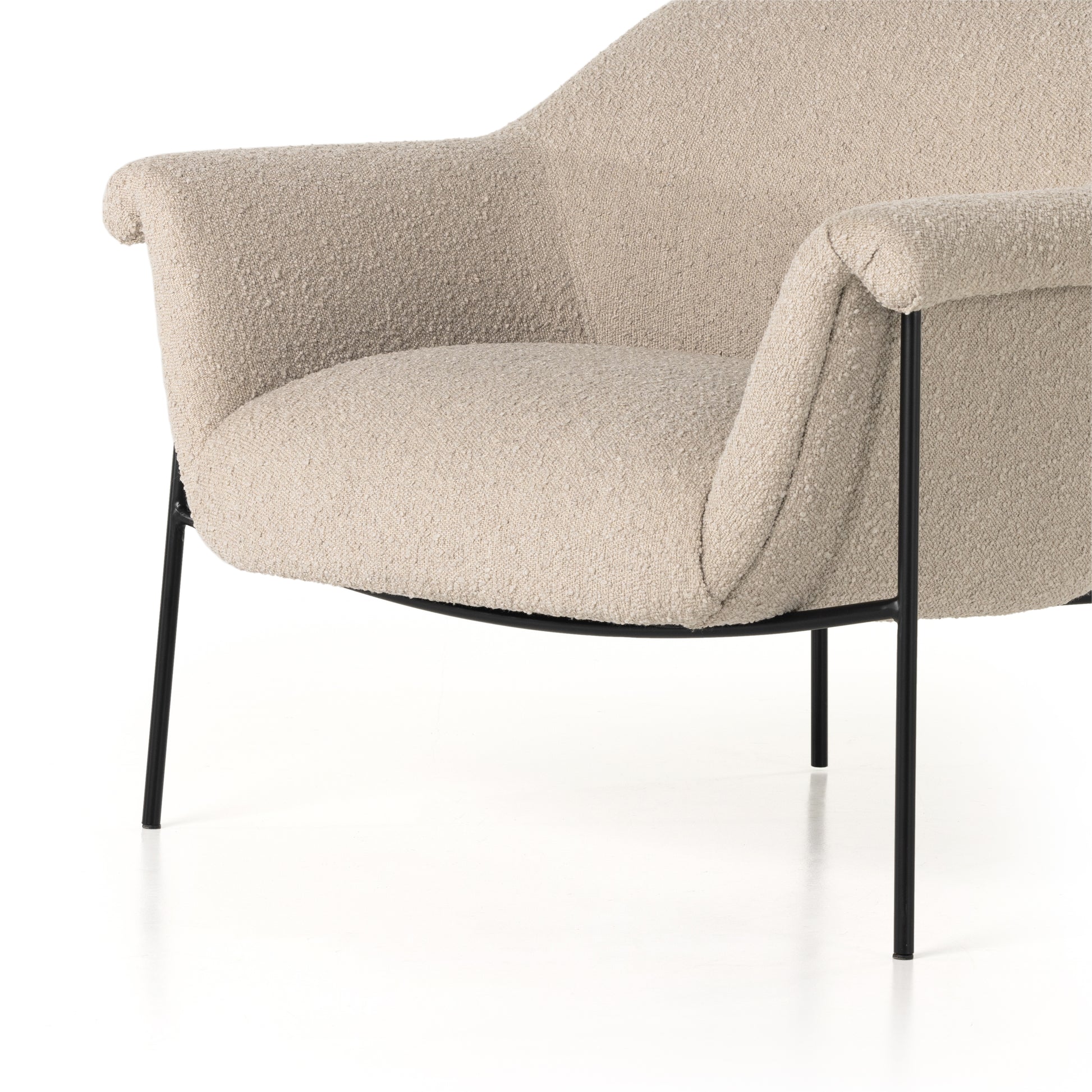 With a curvy silhouette and classic rolled arms, soft boucle lends a fresh feel to comfortable accent seating, with an airy iron cradle base for a beautiful balance of scale. Performance fabrics are specially created to withstand spills, stains, high traffic and wear, ensuring long-term comfort and unmatched durability. Amethyst Home provides interior design, new construction, custom furniture, and area rugs in the Austin metro area.