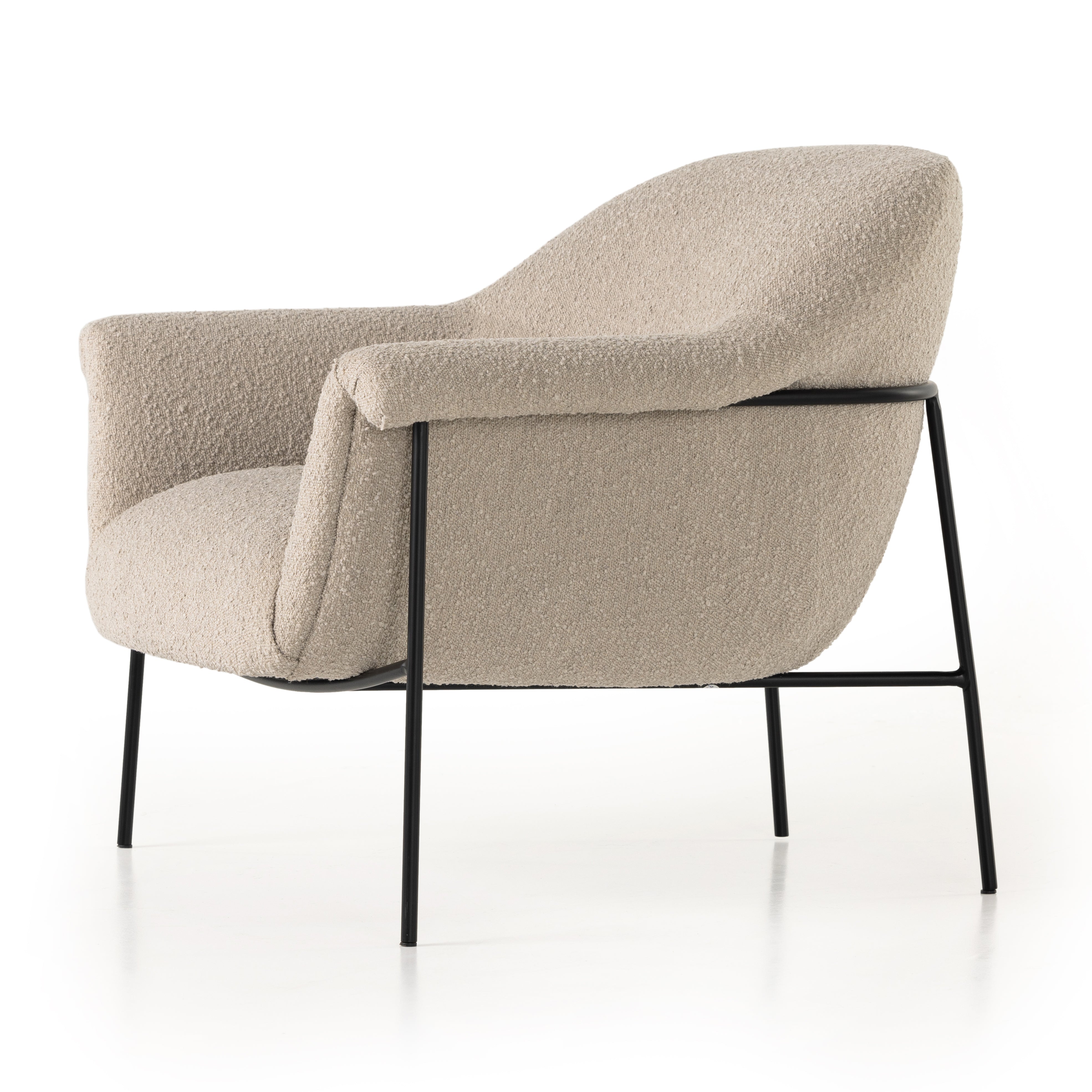 Featuring Suerte Chair - Knoll Sand by Four Hands at Amethyst Home. With a curvy silhouette and classic rolled arms, soft boucle lends a fresh feel to comfortable accent seating, with an airy iron cradle base for a beautiful balance of scale. Performance fabrics are specially created to withstand spills, stains, high traffic and wear, ensuring long-term comfort and unmatched dura. Amethyst Home provides interior design, new construction, custom furniture, and area rugs in the Calabasas metro area.