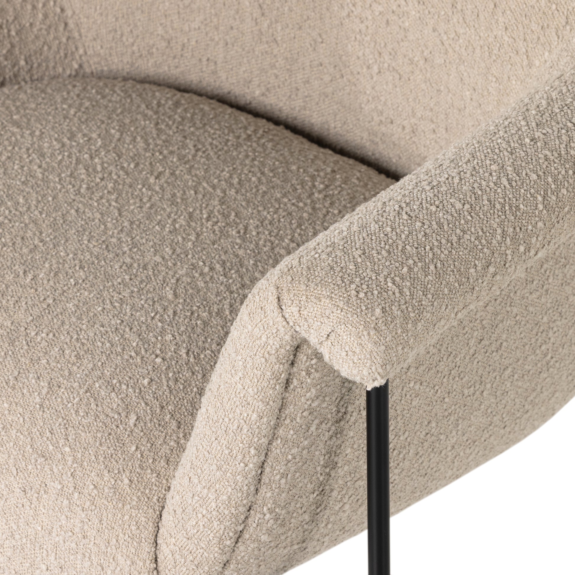 With a curvy silhouette and classic rolled arms, soft boucle lends a fresh feel to comfortable accent seating, with an airy iron cradle base for a beautiful balance of scale. Performance fabrics are specially created to withstand spills, stains, high traffic and wear, ensuring long-term comfort and unmatched durability. Amethyst Home provides interior design, new construction, custom furniture, and area rugs in the Dallas metro area.