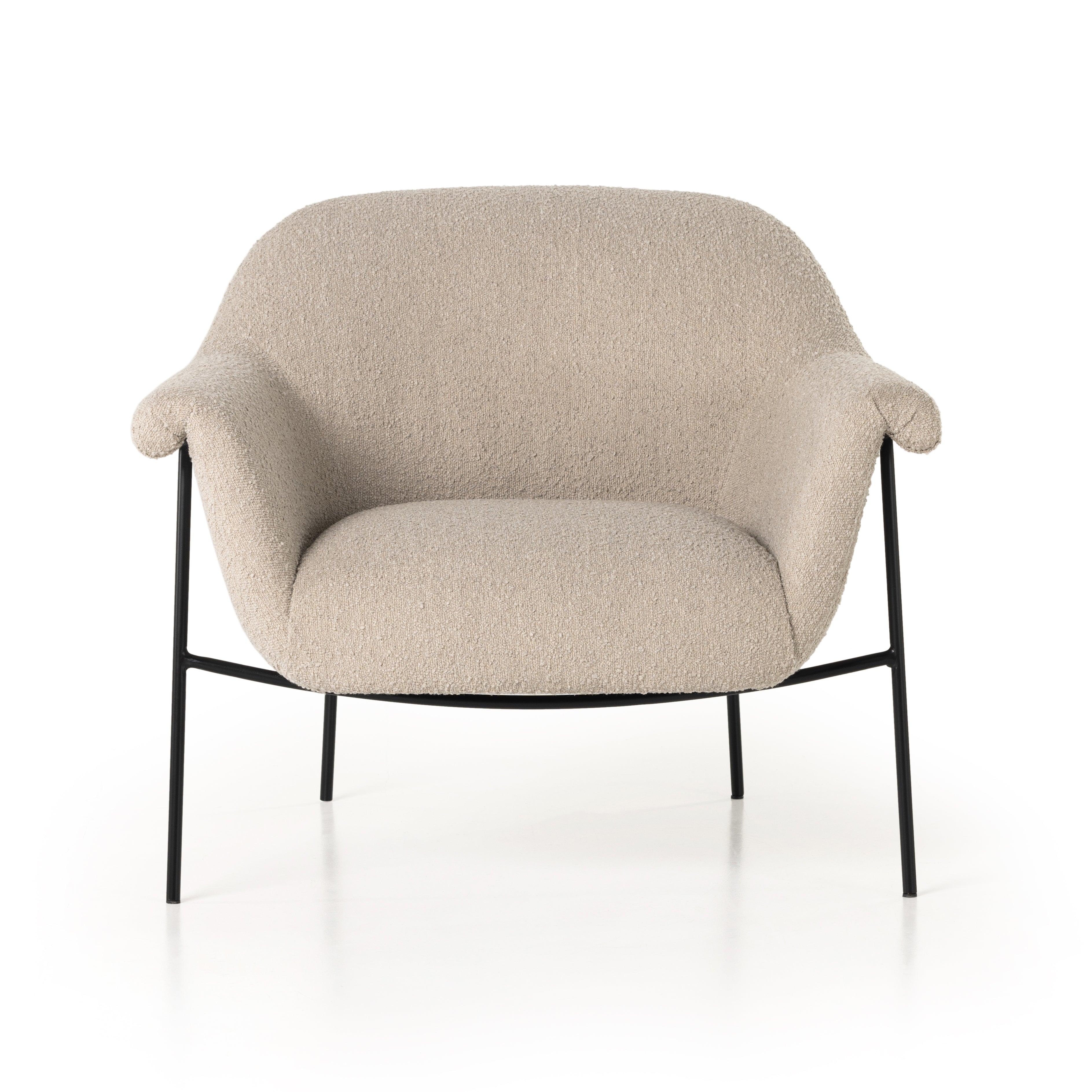 Featuring Suerte Chair - Knoll Sand by Four Hands at Amethyst Home. With a curvy silhouette and classic rolled arms, soft boucle lends a fresh feel to comfortable accent seating, with an airy iron cradle base for a beautiful balance of scale. Performance fabrics are specially created to withstand spills, stains, high traffic and wear, ensuring long-term comfort and unmatched dur. Amethyst Home provides interior design, new construction, custom furniture, and area rugs in the Washington metro area.