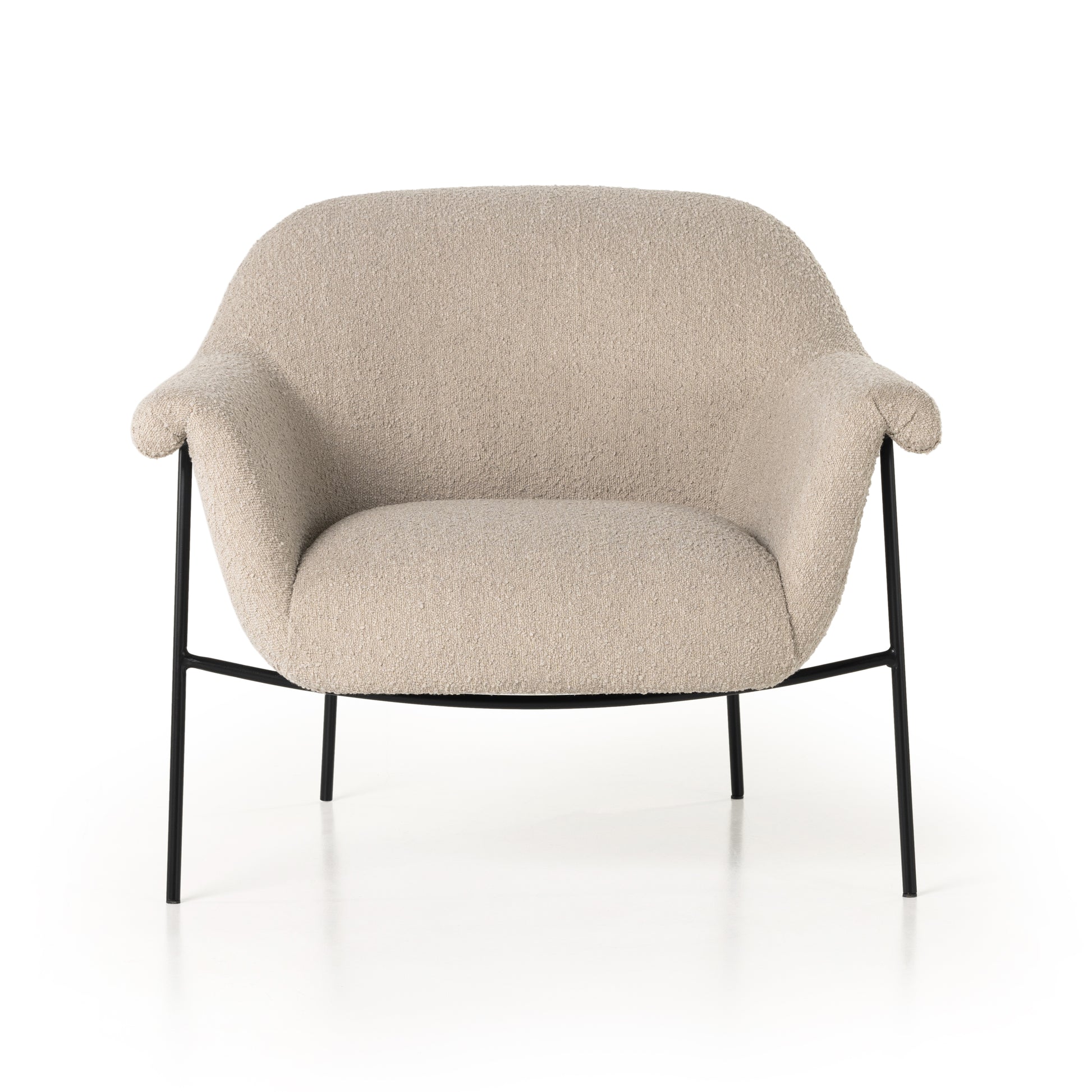 With a curvy silhouette and classic rolled arms, soft boucle lends a fresh feel to comfortable accent seating, with an airy iron cradle base for a beautiful balance of scale. Performance fabrics are specially created to withstand spills, stains, high traffic and wear, ensuring long-term comfort and unmatched durability. Amethyst Home provides interior design, new construction, custom furniture, and area rugs in the Washington metro area.