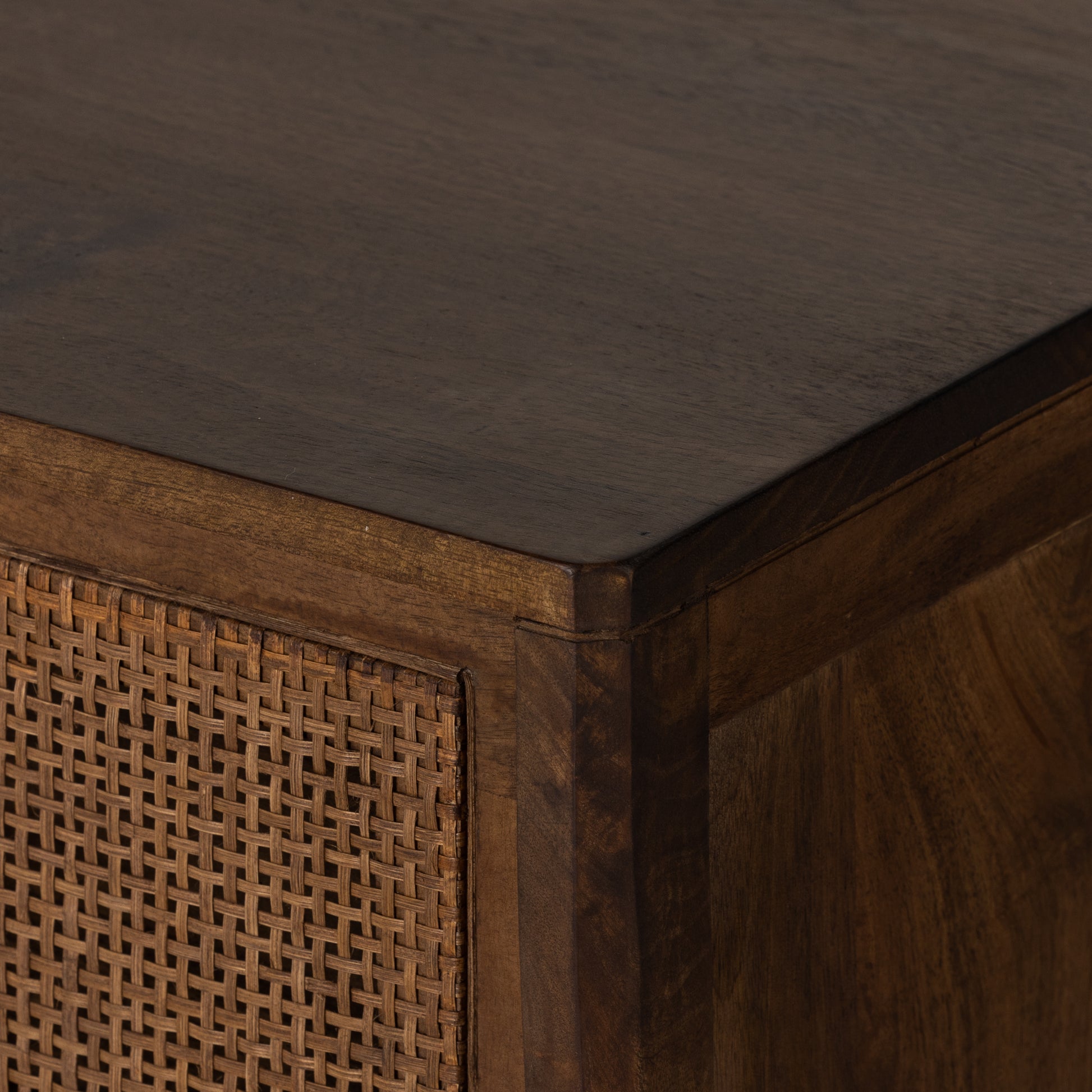 Sydney Brown Wash Drawer Dresser encases six spacious drawers of woven cane, for a textural look with monochromatic vibes. Amethyst Home provides interior design services, furniture, rugs, and lighting in the Miami metro area.