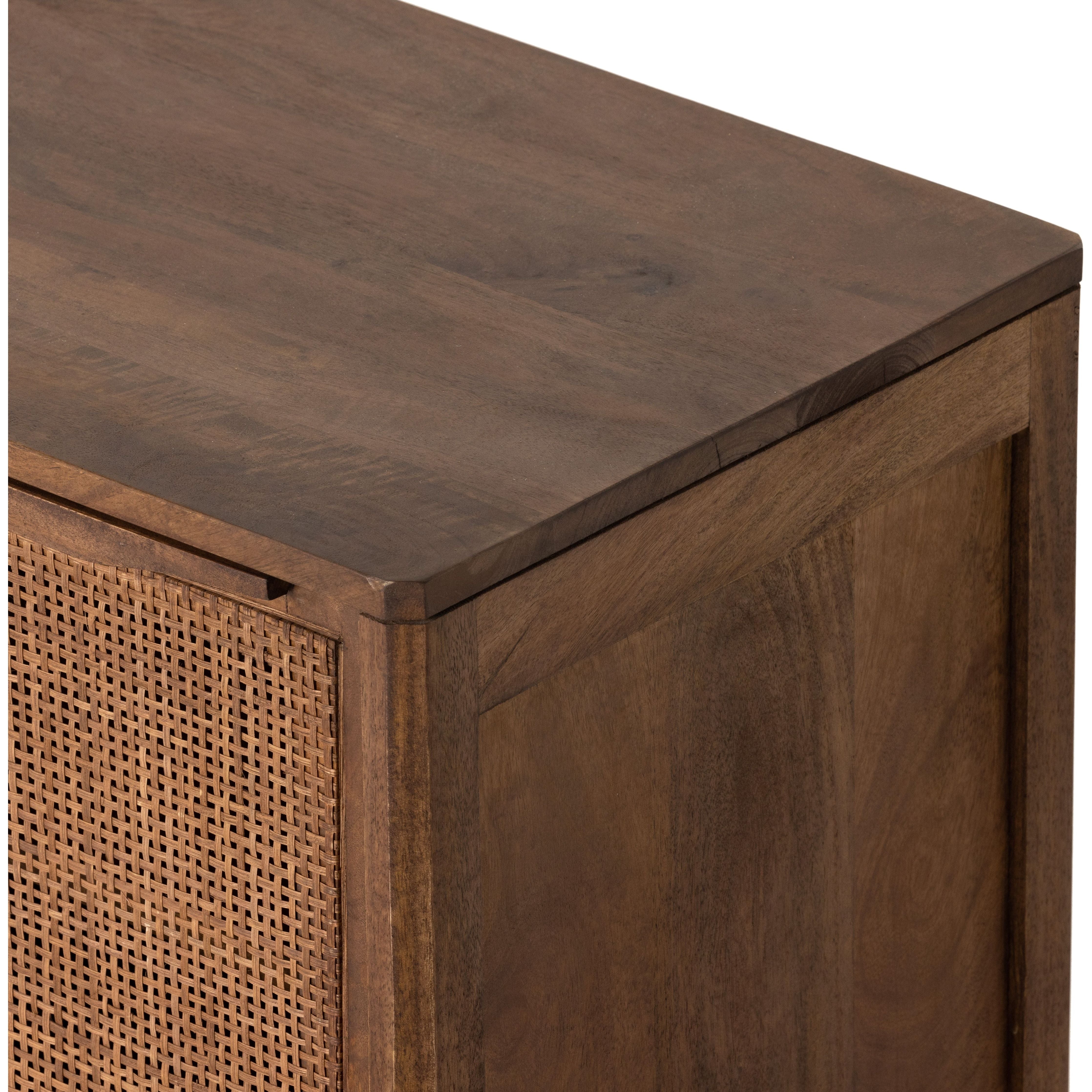 Brown-washed mango encases inset woven cane, for a light, textural look with monochromatic vibes. Removable interior shelf offers clever convenience. Option to pair with matching right nightstand. Amethyst Home provides interior design, new construction, custom furniture, and area rugs in the Calabasas metro area.