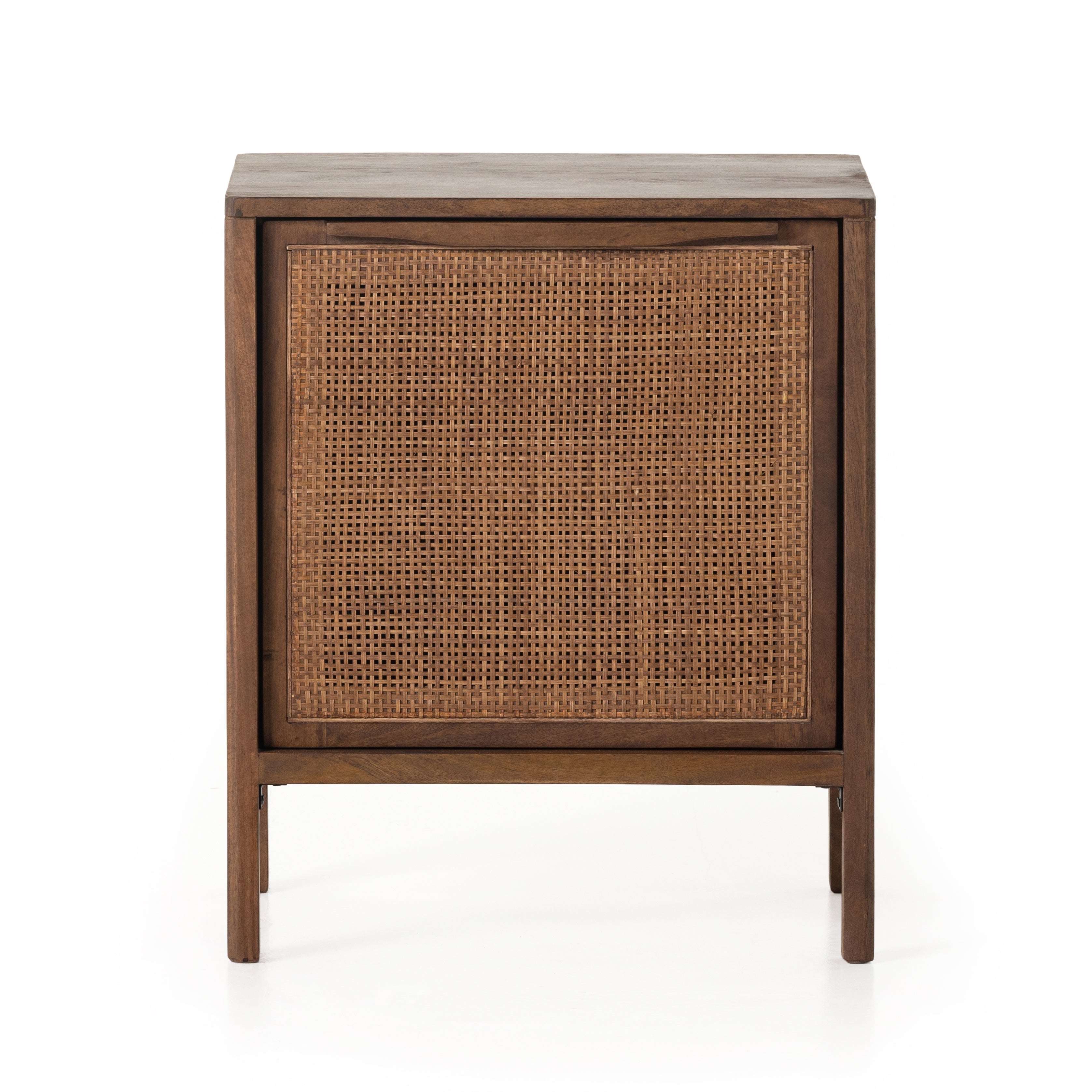 Brown-washed mango encases inset woven cane, for a light, textural look with monochromatic vibes. Removable interior shelf offers clever convenience. Option to pair with matching left nightstand. Amethyst Home provides interior design, new construction, custom furniture, and area rugs in the Newport Beach metro area.