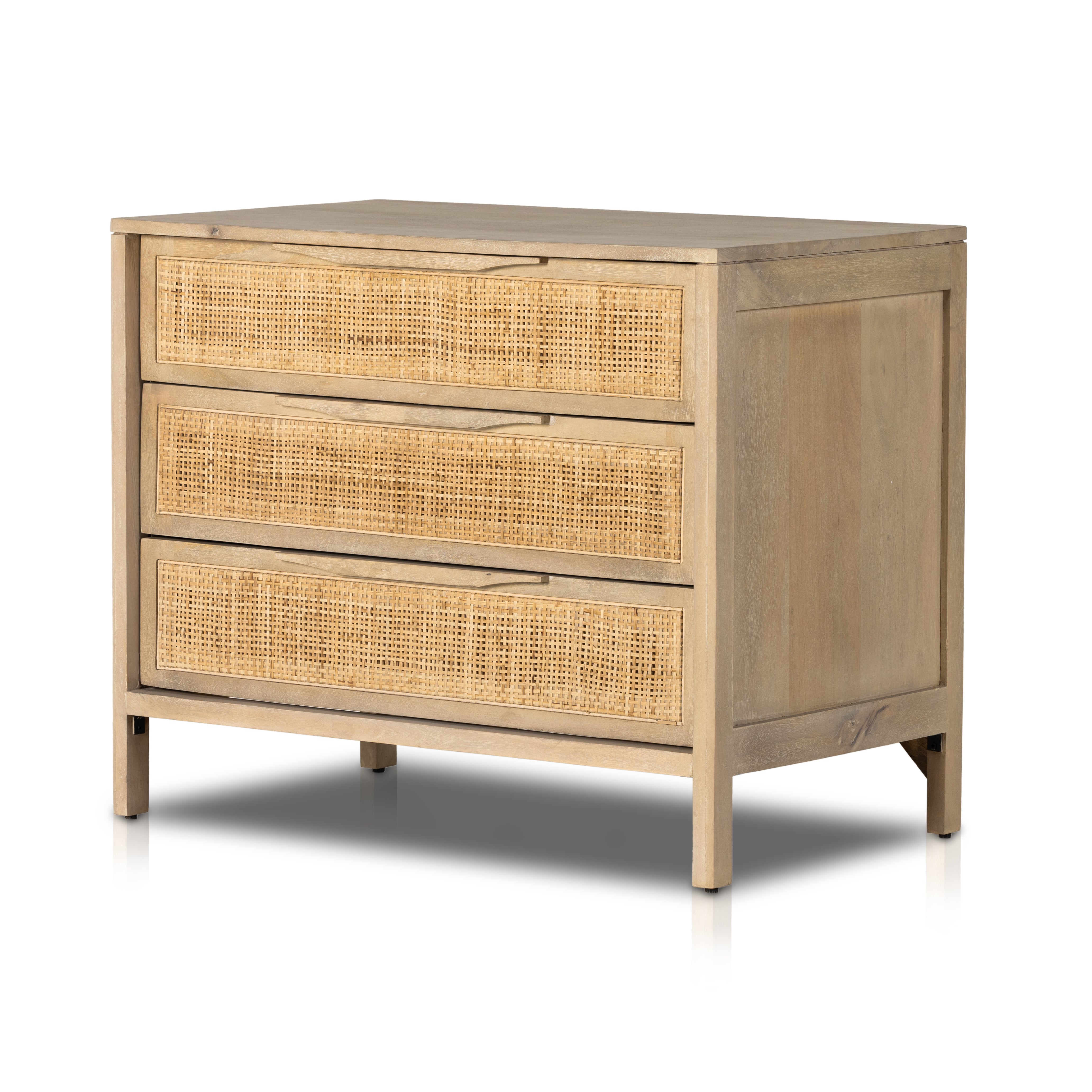 Featuring Sydney Large Nightstand - Natural Mango by Four Hands at Amethyst Home. Natural mango frames inset woven cane, for a light, textural look with organic allure. Three spacious drawers provide plenty of closed storage. Amethyst Home provides interior design, new home construction design consulting, vintage area rugs, and lighting in the Des Moines m. Amethyst Home provides interior design, new home construction design consulting, vintage area rugs, and lighting in the Des Moines metro area.