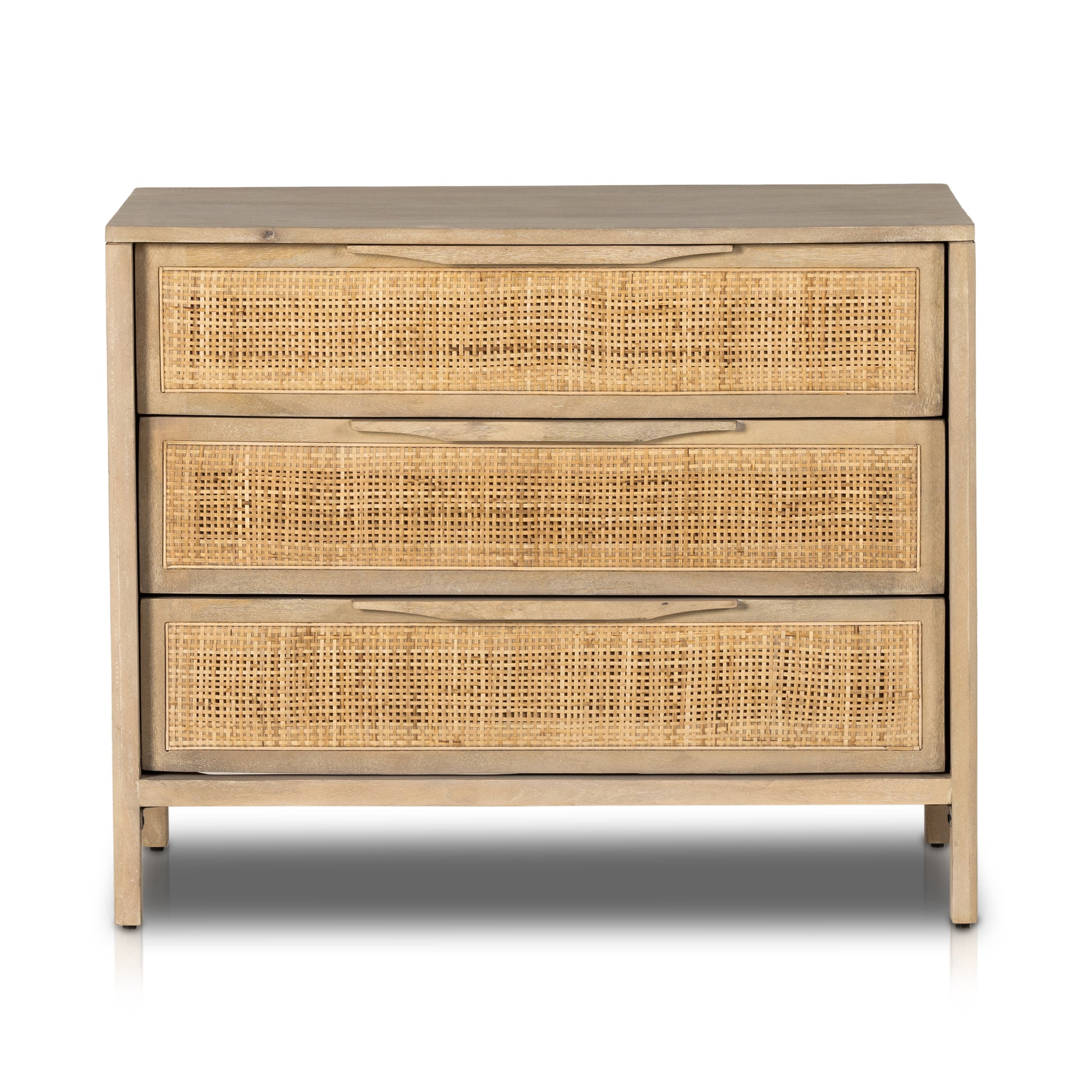 Natural mango frames inset woven cane, for a light, textural look with organic allure. Three spacious drawers provide plenty of closed storage. Amethyst Home provides interior design, new home construction design consulting, vintage area rugs, and lighting in the Laguna Beach metro area.