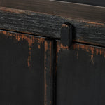 By the makers at Van Thiel, known for their antique-inspired pieces and hand-applied finishes.  This wide but slim solid pine cabinet features door fronts with diamond cutout details and wire mesh inserts. Detailed with antique-inspired hardware and hinges. Metal-clad top in oil-rubbed bronze finish. Amethyst Home provides interior design, new home construction design consulting, vintage area rugs, and lighting in the Charlotte metro area.