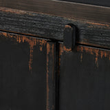 By the makers at Van Thiel, known for their antique-inspired pieces and hand-applied finishes.  This wide but slim solid pine cabinet features door fronts with diamond cutout details and wire mesh inserts. Detailed with antique-inspired hardware and hinges. Metal-clad top in oil-rubbed bronze finish. Amethyst Home provides interior design, new home construction design consulting, vintage area rugs, and lighting in the Charlotte metro area.