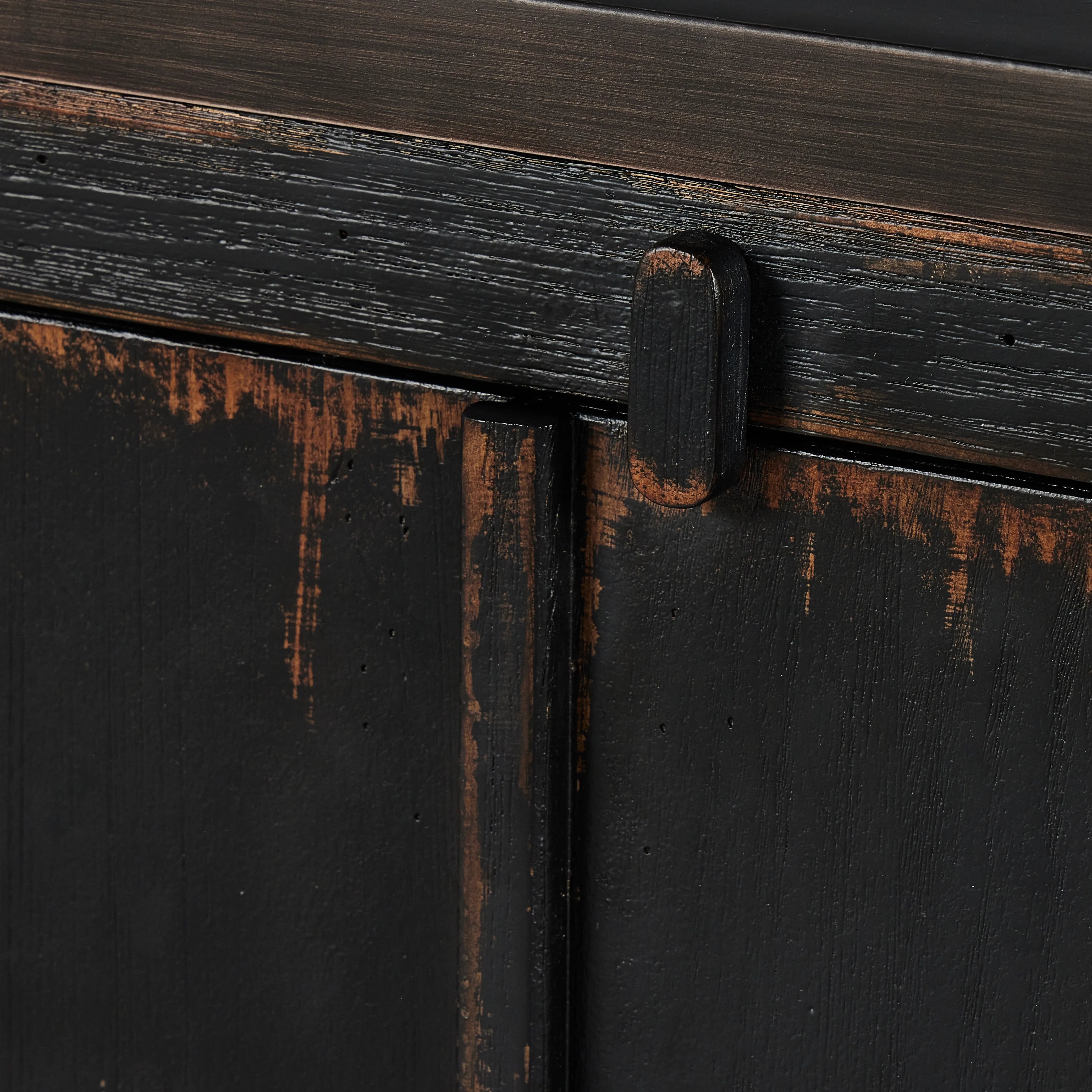 By the makers at Van Thiel, known for their antique-inspired pieces and hand-applied finishes.  This wide but slim solid pine cabinet features door fronts with diamond cutout details and wire mesh inserts. Detailed with antique-inspired hardware and hinges. Metal-clad top in oil-rubbed bronze finish. Amethyst Home provides interior design, new home construction design consulting, vintage area rugs, and lighting in the Charlotte metro area.