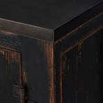 By the makers at Van Thiel, known for their antique-inspired pieces and hand-applied finishes.  This wide but slim solid pine cabinet features door fronts with diamond cutout details and wire mesh inserts. Detailed with antique-inspired hardware and hinges. Metal-clad top in oil-rubbed bronze finish. Amethyst Home provides interior design, new home construction design consulting, vintage area rugs, and lighting in the Kansas City metro area.