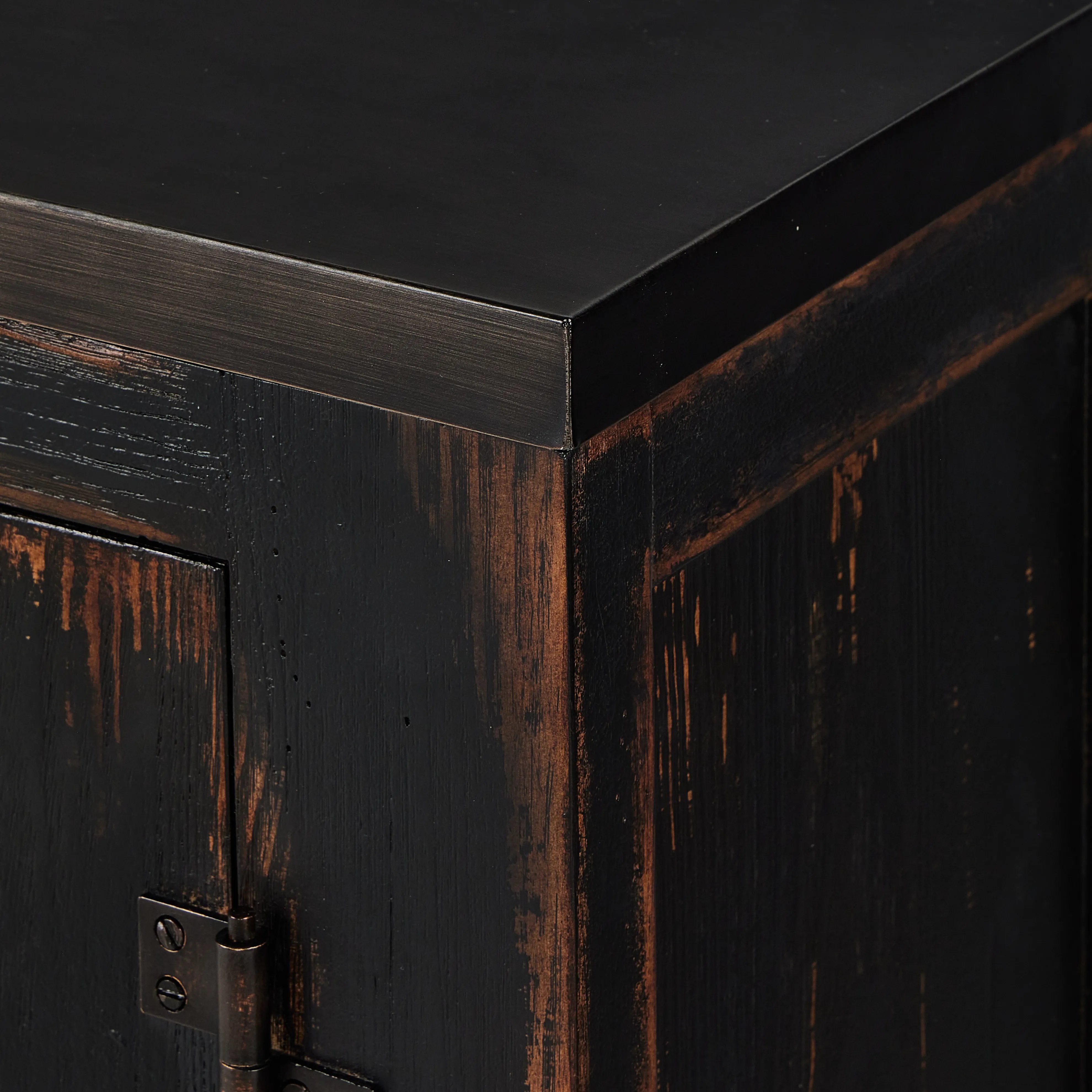 By the makers at Van Thiel, known for their antique-inspired pieces and hand-applied finishes.  This wide but slim solid pine cabinet features door fronts with diamond cutout details and wire mesh inserts. Detailed with antique-inspired hardware and hinges. Metal-clad top in oil-rubbed bronze finish. Amethyst Home provides interior design, new home construction design consulting, vintage area rugs, and lighting in the Kansas City metro area.