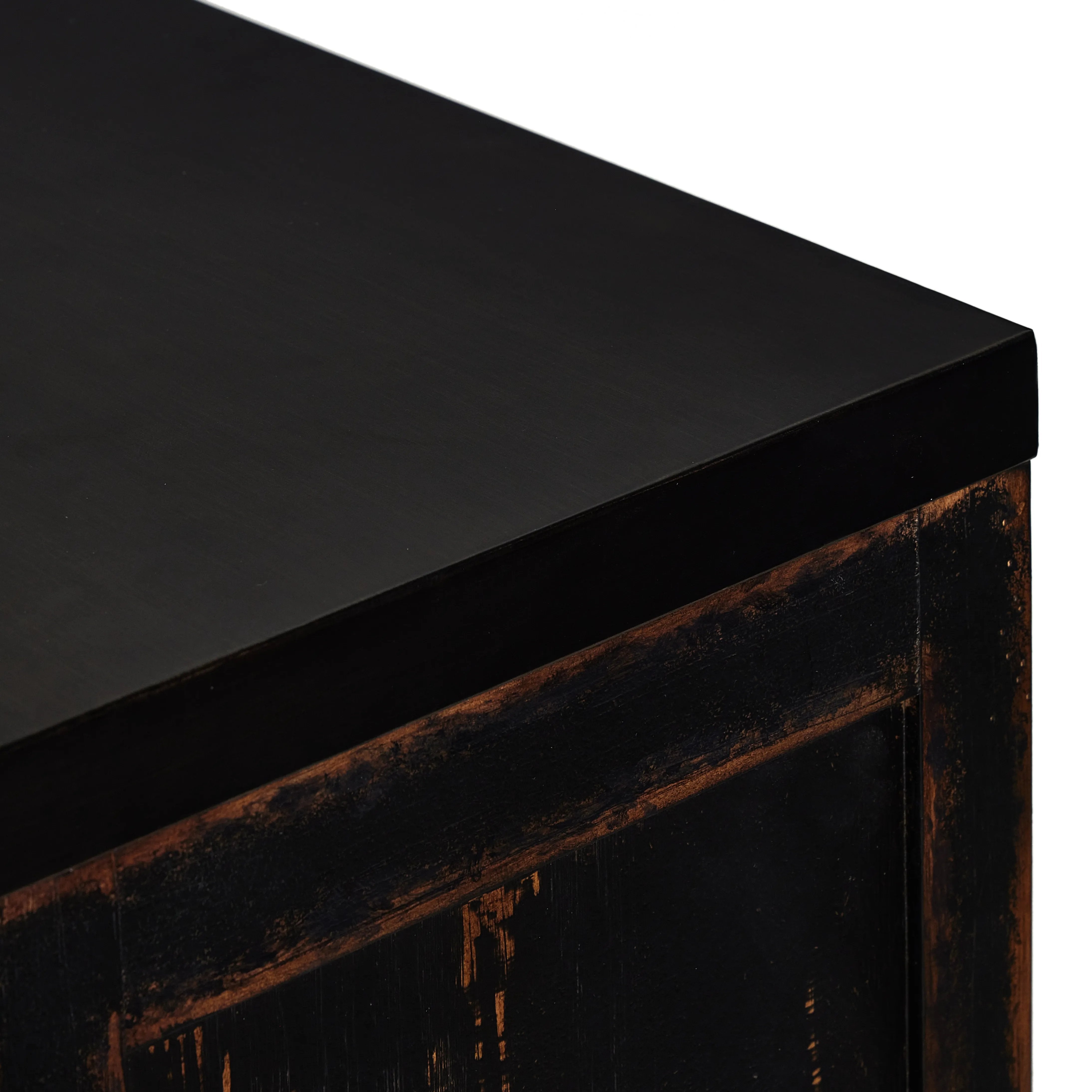 By the makers at Van Thiel, known for their antique-inspired pieces and hand-applied finishes.  This wide but slim solid pine cabinet features door fronts with diamond cutout details and wire mesh inserts. Detailed with antique-inspired hardware and hinges. Metal-clad top in oil-rubbed bronze finish. Amethyst Home provides interior design, new home construction design consulting, vintage area rugs, and lighting in the Laguna Beach metro area.
