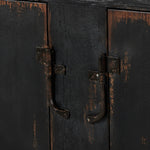 By the makers at Van Thiel, known for their antique-inspired pieces and hand-applied finishes.  This wide but slim solid pine cabinet features door fronts with diamond cutout details and wire mesh inserts. Detailed with antique-inspired hardware and hinges. Metal-clad top in oil-rubbed bronze finish. Amethyst Home provides interior design, new home construction design consulting, vintage area rugs, and lighting in the Miami metro area.