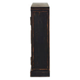 By the makers at Van Thiel, known for their antique-inspired pieces and hand-applied finishes.  This wide but slim solid pine cabinet features door fronts with diamond cutout details and wire mesh inserts. Detailed with antique-inspired hardware and hinges. Metal-clad top in oil-rubbed bronze finish. Amethyst Home provides interior design, new home construction design consulting, vintage area rugs, and lighting in the Newport Beach metro area.