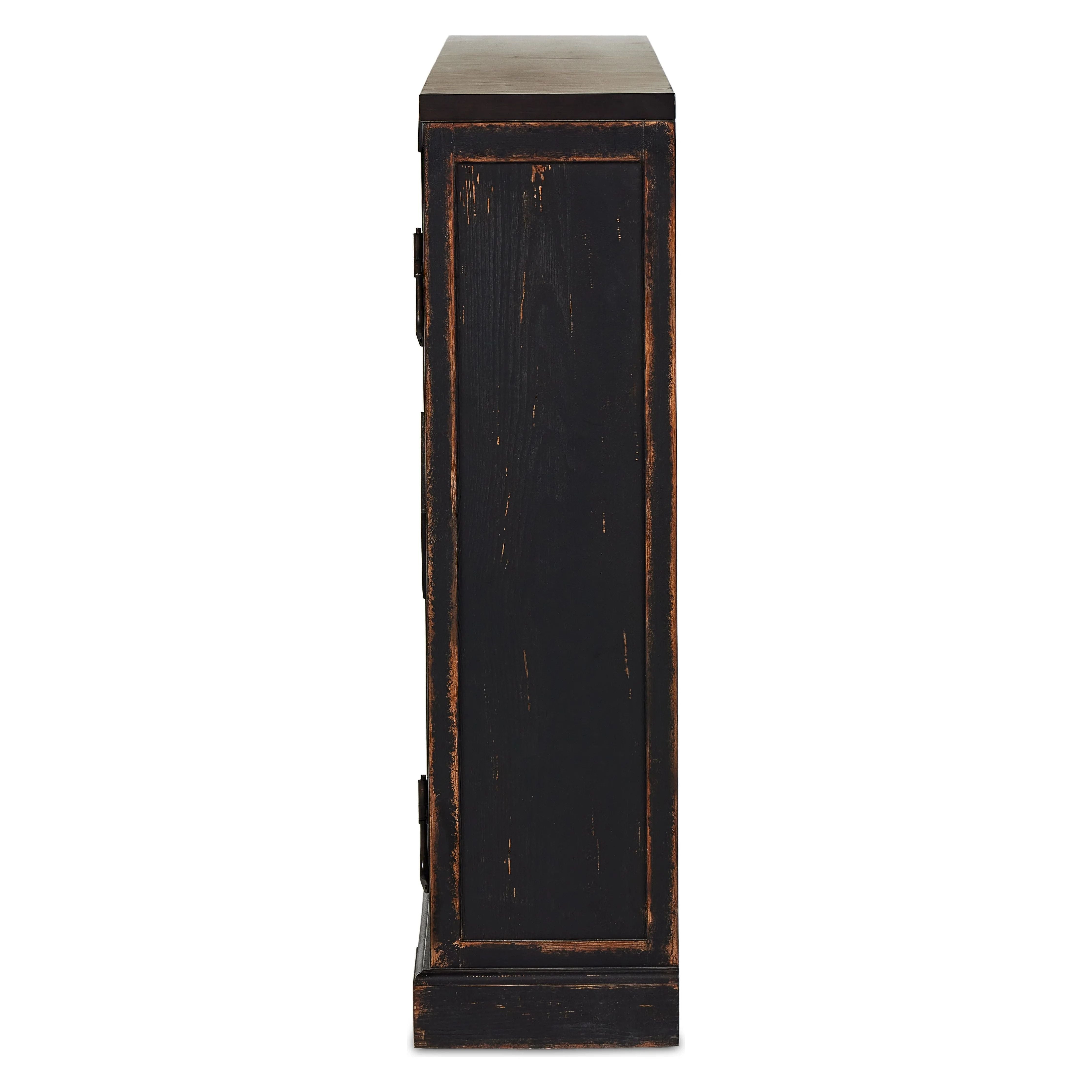 By the makers at Van Thiel, known for their antique-inspired pieces and hand-applied finishes.  This wide but slim solid pine cabinet features door fronts with diamond cutout details and wire mesh inserts. Detailed with antique-inspired hardware and hinges. Metal-clad top in oil-rubbed bronze finish. Amethyst Home provides interior design, new home construction design consulting, vintage area rugs, and lighting in the Newport Beach metro area.