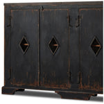 By the makers at Van Thiel, known for their antique-inspired pieces and hand-applied finishes.  This wide but slim solid pine cabinet features door fronts with diamond cutout details and wire mesh inserts. Detailed with antique-inspired hardware and hinges. Metal-clad top in oil-rubbed bronze finish. Amethyst Home provides interior design, new home construction design consulting, vintage area rugs, and lighting in the Park City metro area.