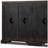 By the makers at Van Thiel, known for their antique-inspired pieces and hand-applied finishes.  This wide but slim solid pine cabinet features door fronts with diamond cutout details and wire mesh inserts. Detailed with antique-inspired hardware and hinges. Metal-clad top in oil-rubbed bronze finish. Amethyst Home provides interior design, new home construction design consulting, vintage area rugs, and lighting in the Park City metro area.