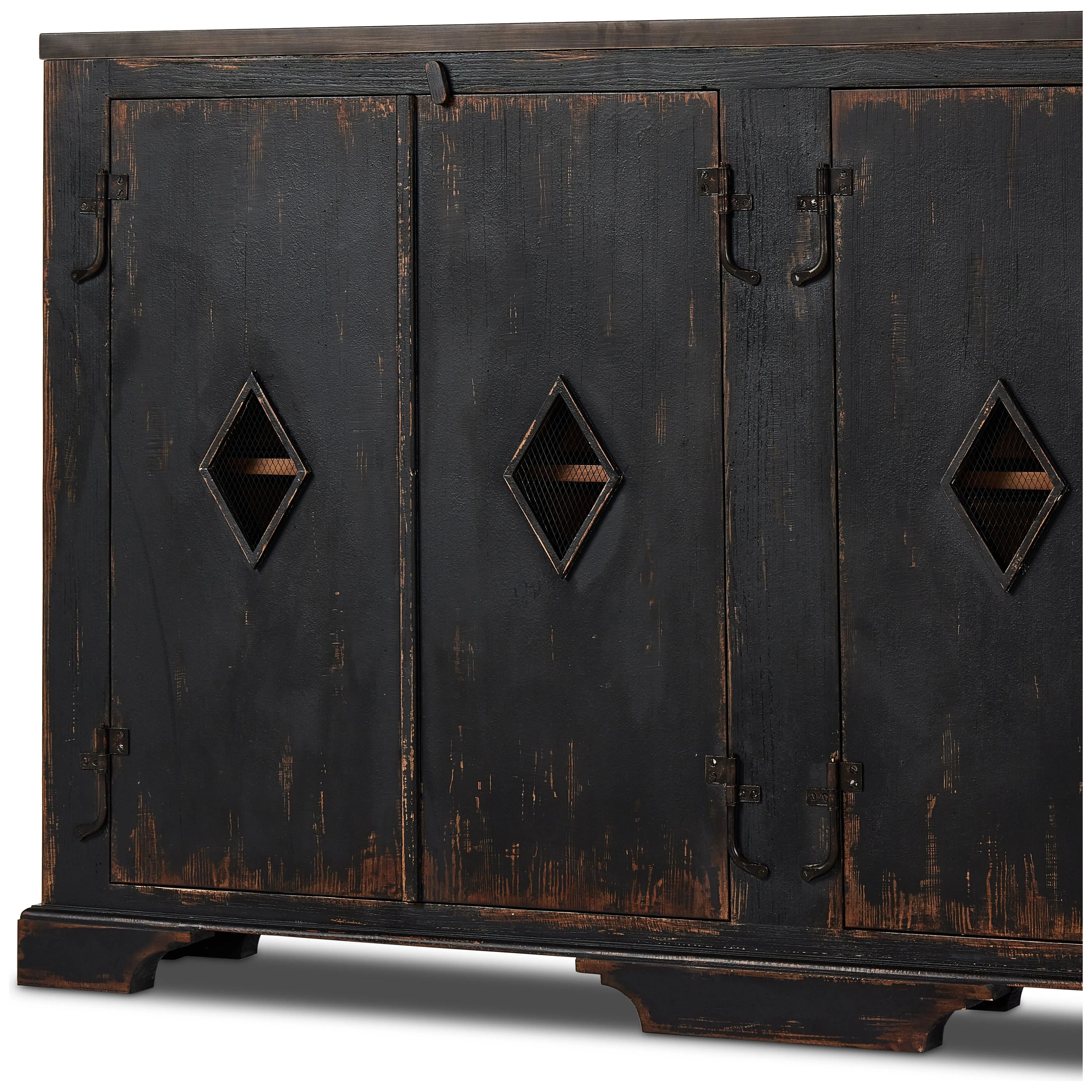 By the makers at Van Thiel, known for their antique-inspired pieces and hand-applied finishes.  This wide but slim solid pine cabinet features door fronts with diamond cutout details and wire mesh inserts. Detailed with antique-inspired hardware and hinges. Metal-clad top in oil-rubbed bronze finish. Amethyst Home provides interior design, new home construction design consulting, vintage area rugs, and lighting in the Park City metro area.