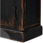 By the makers at Van Thiel, known for their antique-inspired pieces and hand-applied finishes.  This wide but slim solid pine cabinet features door fronts with diamond cutout details and wire mesh inserts. Detailed with antique-inspired hardware and hinges. Metal-clad top in oil-rubbed bronze finish. Amethyst Home provides interior design, new home construction design consulting, vintage area rugs, and lighting in the Scottsdale metro area.