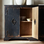 By the makers at Van Thiel, known for their antique-inspired pieces and hand-applied finishes.  This wide but slim solid pine cabinet features door fronts with diamond cutout details and wire mesh inserts. Detailed with antique-inspired hardware and hinges. Metal-clad top in oil-rubbed bronze finish. Amethyst Home provides interior design, new home construction design consulting, vintage area rugs, and lighting in the Seattle metro area.