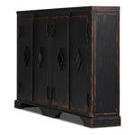 By the makers at Van Thiel, known for their antique-inspired pieces and hand-applied finishes.  This wide but slim solid pine cabinet features door fronts with diamond cutout details and wire mesh inserts. Detailed with antique-inspired hardware and hinges. Metal-clad top in oil-rubbed bronze finish. Amethyst Home provides interior design, new home construction design consulting, vintage area rugs, and lighting in the Washington metro area.