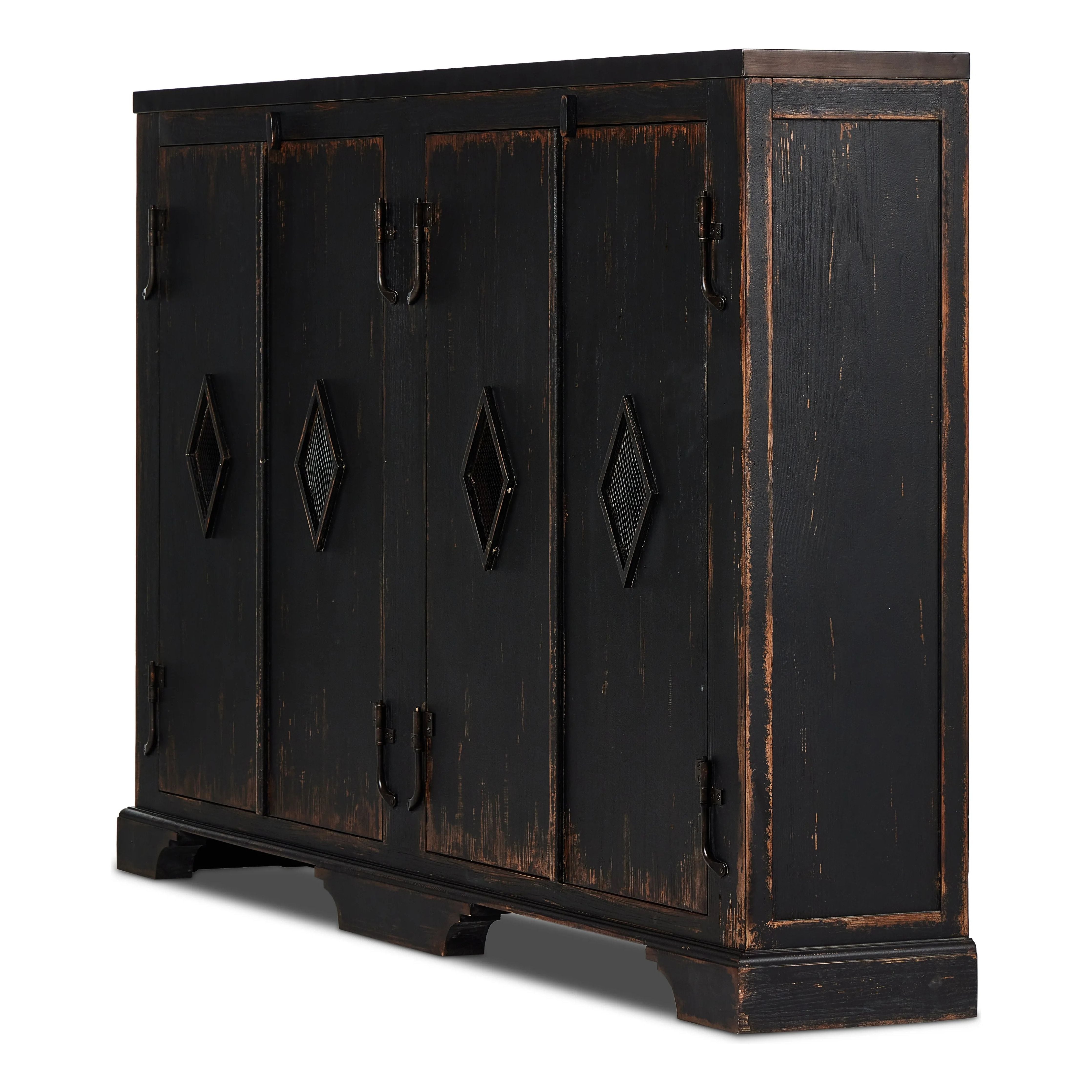 By the makers at Van Thiel, known for their antique-inspired pieces and hand-applied finishes.  This wide but slim solid pine cabinet features door fronts with diamond cutout details and wire mesh inserts. Detailed with antique-inspired hardware and hinges. Metal-clad top in oil-rubbed bronze finish. Amethyst Home provides interior design, new home construction design consulting, vintage area rugs, and lighting in the Washington metro area.
