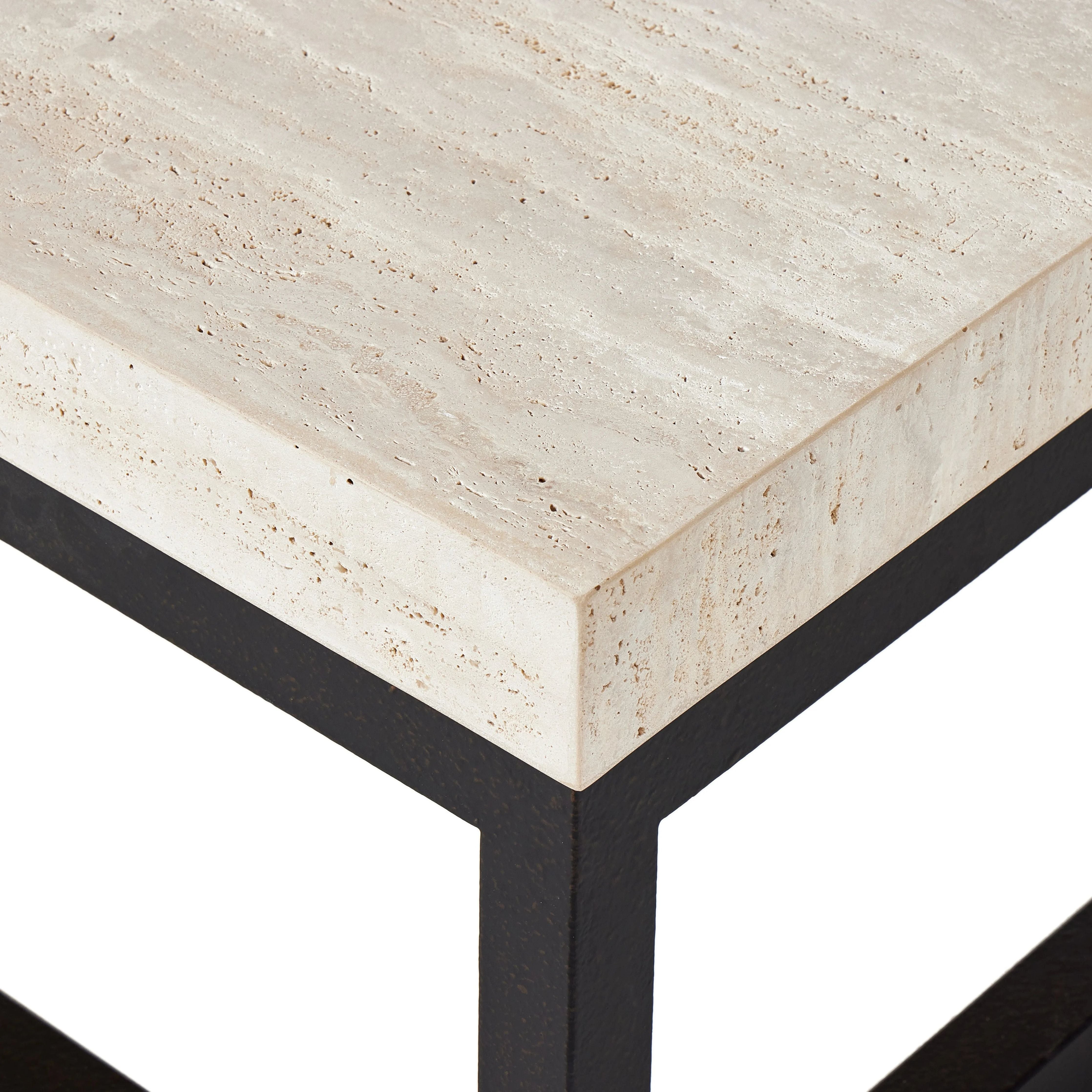 Featuring The Travertine Rectangular Coffee Table by Four Hands at Amethyst Home. Airy while substantial, for an intriguing balance of scale. Bronzed iron forms an open, angular frame for a rectangular tabletop of solid white travertine. By the makers at Van Thiel, known for their antique-inspired pieces and hand-applied finishes.Overall Dimensions: 33"W. Amethyst Home provides interior design, new home construction design consulting, vintage area rugs, and lighting in the Laguna Beach metro area.