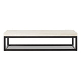 Featuring The Travertine Rectangular Coffee Table by Four Hands at Amethyst Home. Airy while substantial, for an intriguing balance of scale. Bronzed iron forms an open, angular frame for a rectangular tabletop of solid white travertine. By the makers at Van Thiel, known for their antique-inspired pieces and hand-applied finishes.Overall Dimensions: 33". Amethyst Home provides interior design, new home construction design consulting, vintage area rugs, and lighting in the Newport Beach metro area.