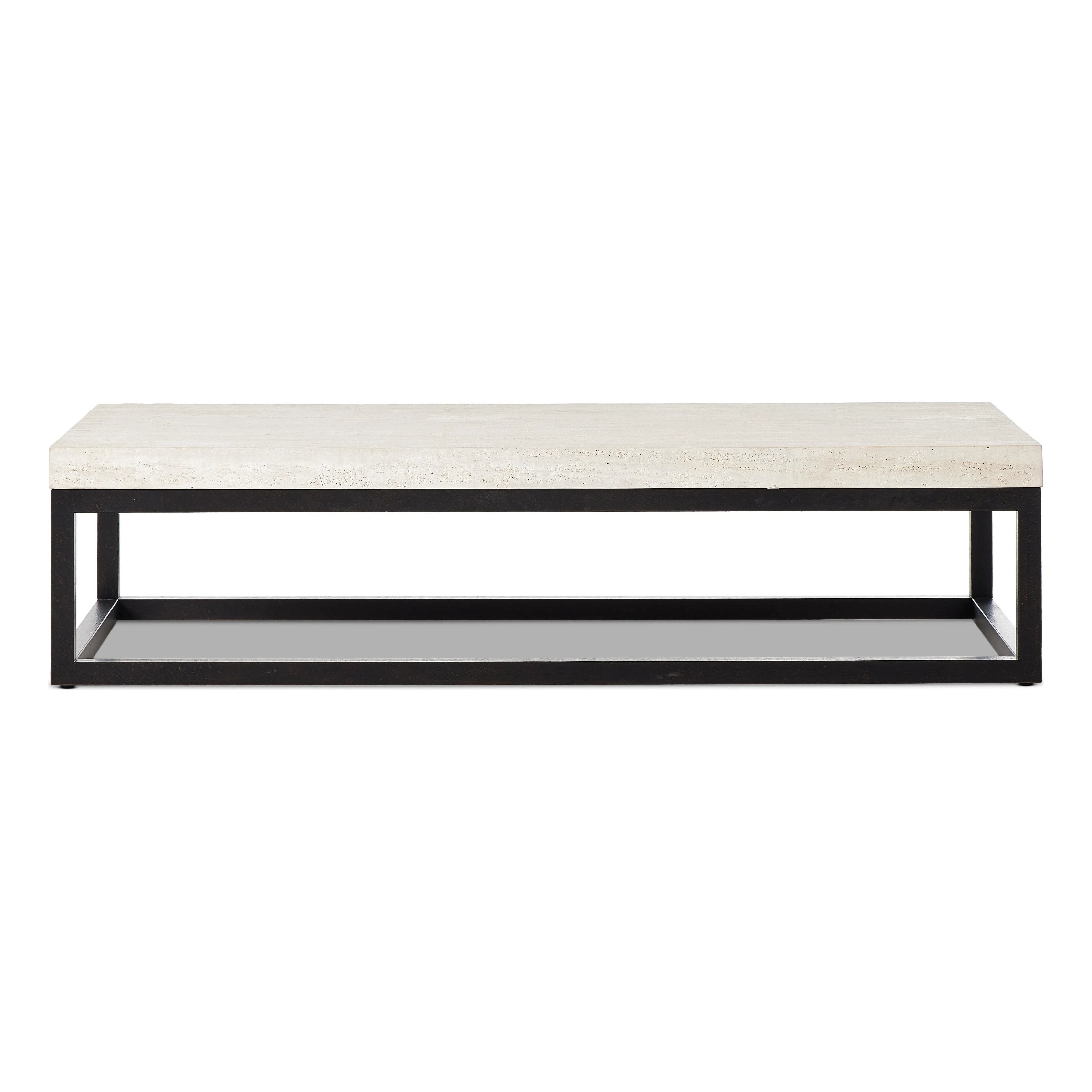 Featuring The Travertine Rectangular Coffee Table by Four Hands at Amethyst Home. Airy while substantial, for an intriguing balance of scale. Bronzed iron forms an open, angular frame for a rectangular tabletop of solid white travertine. By the makers at Van Thiel, known for their antique-inspired pieces and hand-applied finishes.Overall Dimensions: 33". Amethyst Home provides interior design, new home construction design consulting, vintage area rugs, and lighting in the Newport Beach metro area.