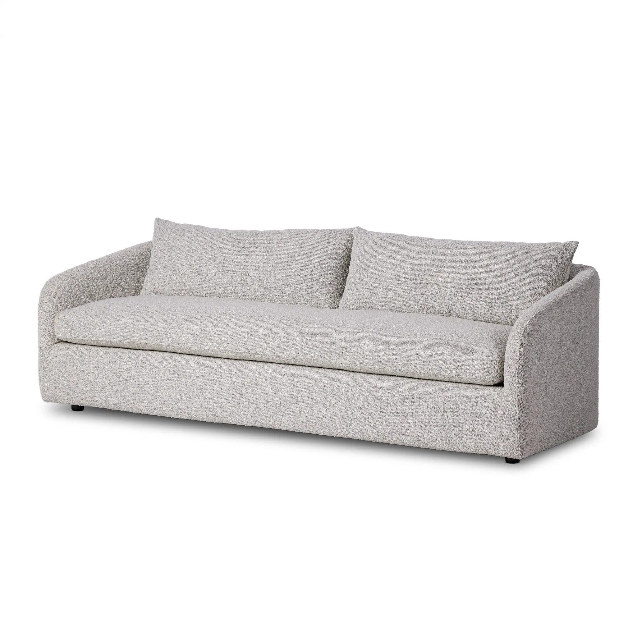 Featuring Topanga Knoll Domino Sofa by Four Hands at Amethyst Home. Textural boucle and angled arms give this sofa a stylish upgrade, while the two-over-one cushion configuration lend a laid-back look. Performance fabric is specially created to withstand spills, stains, high traffic and wear, ensuring long-term comfort and unmatched durability.
Overall Dim. Amethyst Home provides interior design, new home construction design consulting, vintage area rugs, and lighting in the Alpharetta metro area.
