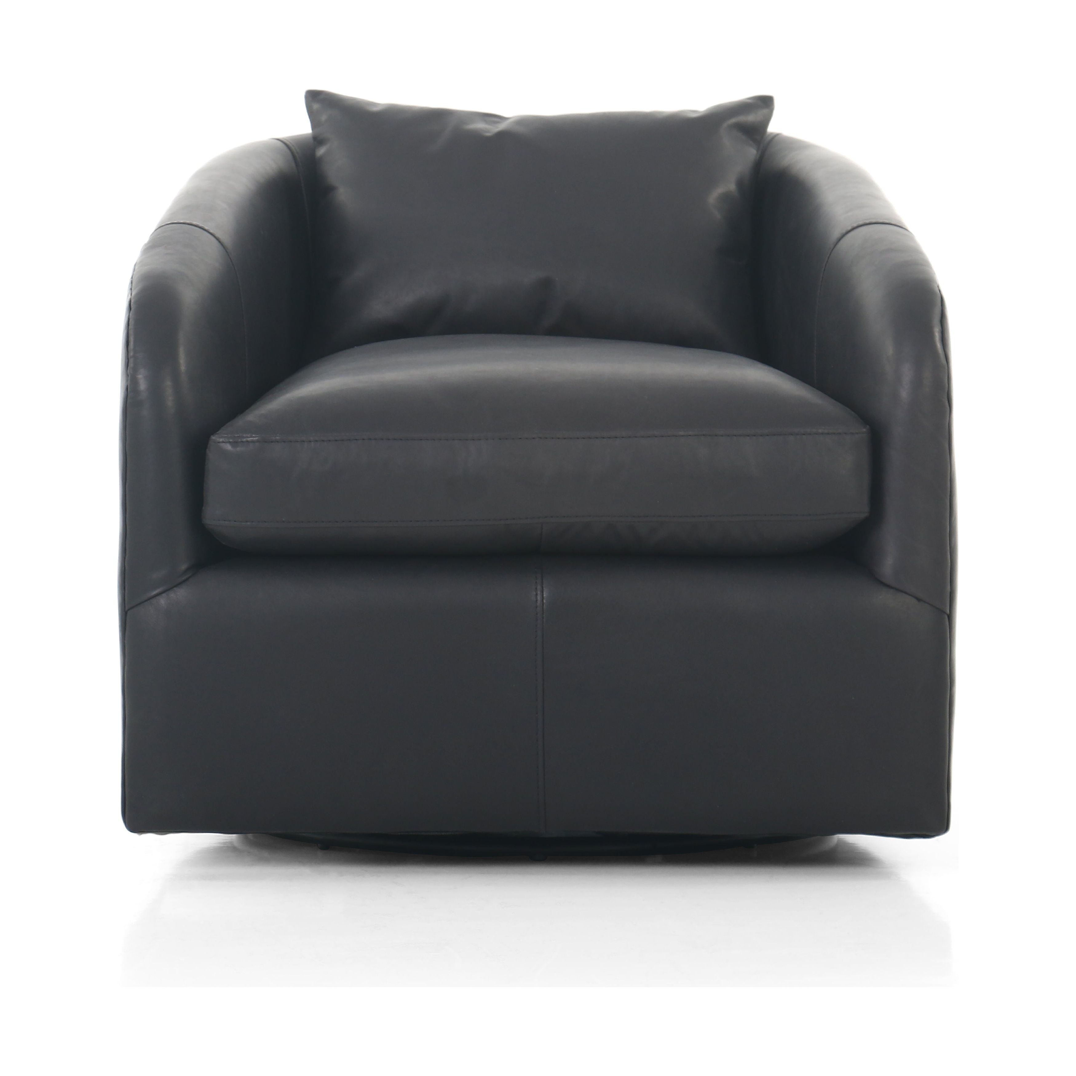 Angled arms and a single pillow create a laid-back look, with a 360-degree swivel for ease in your office or living room.Sourced from one of the oldest family-owned tanneries in Italyâ€™s Bassano del Grappa, our top-grain heirloom leather covering is salvaged and processed from upcycled hides featuring an abundance of natural markings, scars and color variations. Amethyst Home provides interior design, new construction, custom furniture, and area rugs in the Park City metro area.
