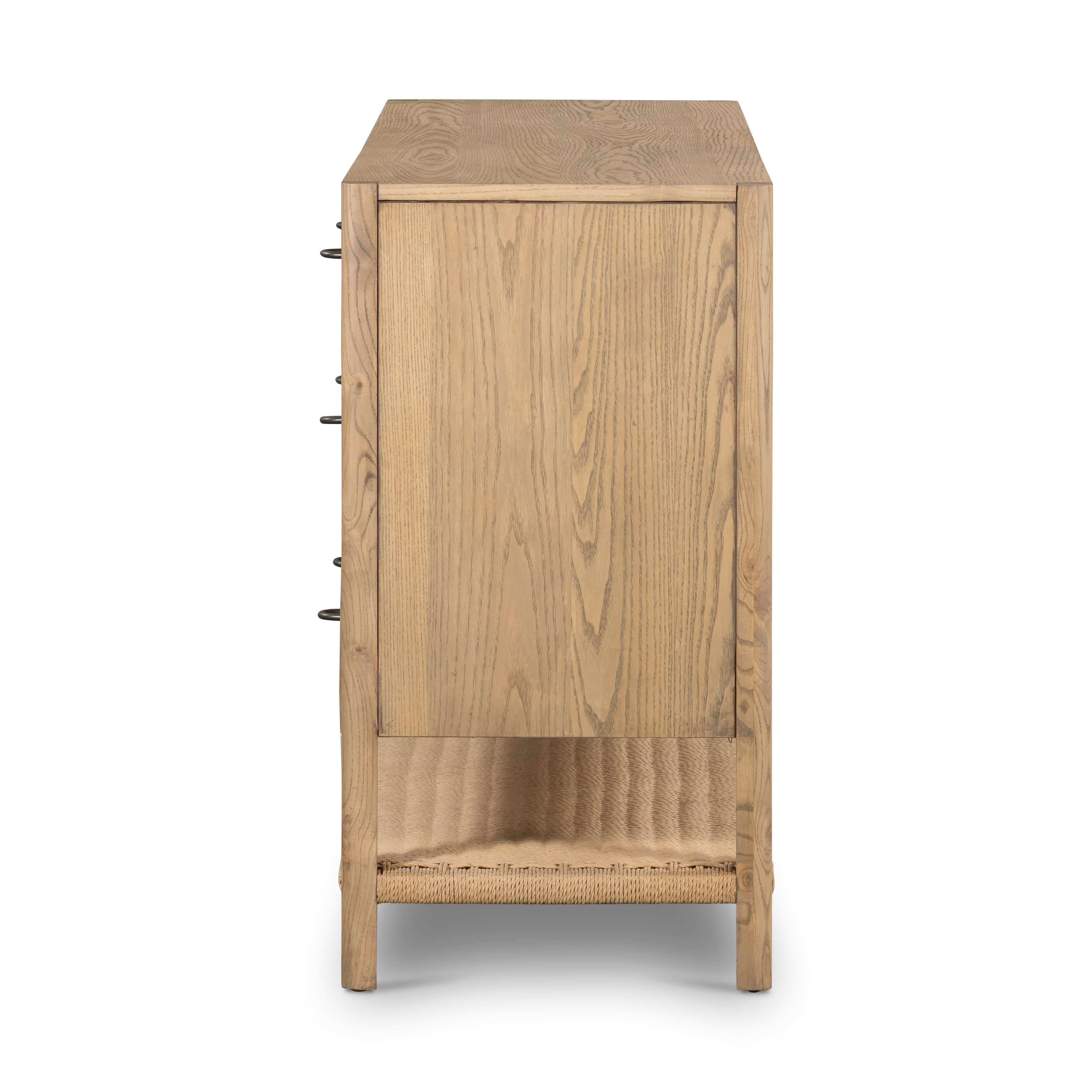 Featuring Zuma Dune Ash 6 Drawer Dresser by Four Hands at Amethyst Home. Simple yet refined, the Zuma Dune Ash 6 Drawer Dresser is a danish design-influenced dresser that is made from solid ash, with iron hardware finished in a sleek gunmetal. Stretcher-style shelving made from woven paper cord serves up a textural finishing touch. Six spacious drawers bring generous storage space to the bedro. Amethyst Home provides interior design services, furniture, rugs, and lighting in the Austin metro area.