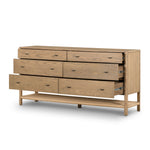 Featuring Zuma Dune Ash 6 Drawer Dresser by Four Hands at Amethyst Home. Simple yet refined, the Zuma Dune Ash 6 Drawer Dresser is a danish design-influenced dresser that is made from solid ash, with iron hardware finished in a sleek gunmetal. Stretcher-style shelving made from woven paper cord serves up a textural finishing touch. Six spacious drawers bring generous storage space to the be. Amethyst Home provides interior design services, furniture, rugs, and lighting in the Calabasas metro area.