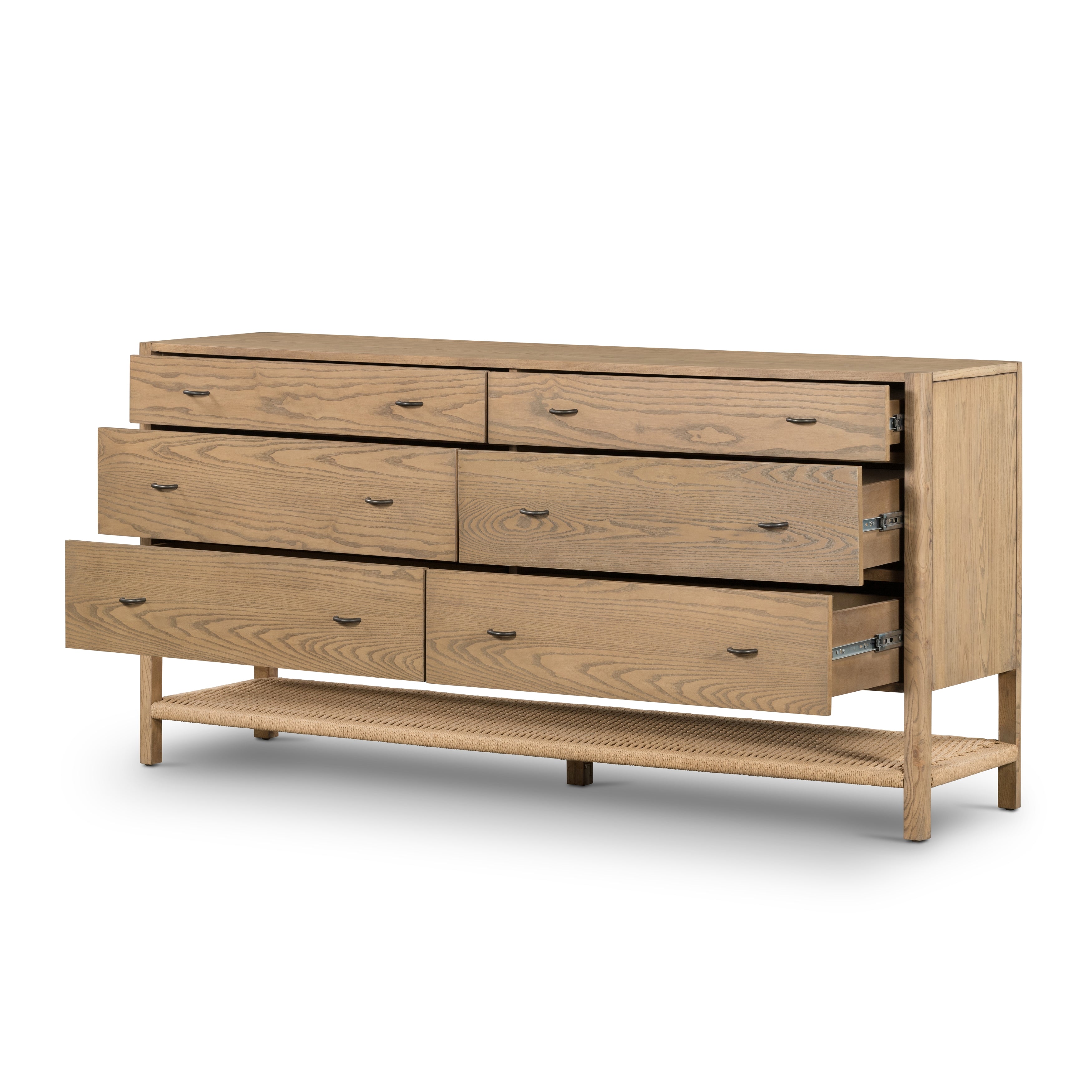 Featuring Zuma Dune Ash 6 Drawer Dresser by Four Hands at Amethyst Home. Simple yet refined, the Zuma Dune Ash 6 Drawer Dresser is a danish design-influenced dresser that is made from solid ash, with iron hardware finished in a sleek gunmetal. Stretcher-style shelving made from woven paper cord serves up a textural finishing touch. Six spacious drawers bring generous storage space to the be. Amethyst Home provides interior design services, furniture, rugs, and lighting in the Calabasas metro area.