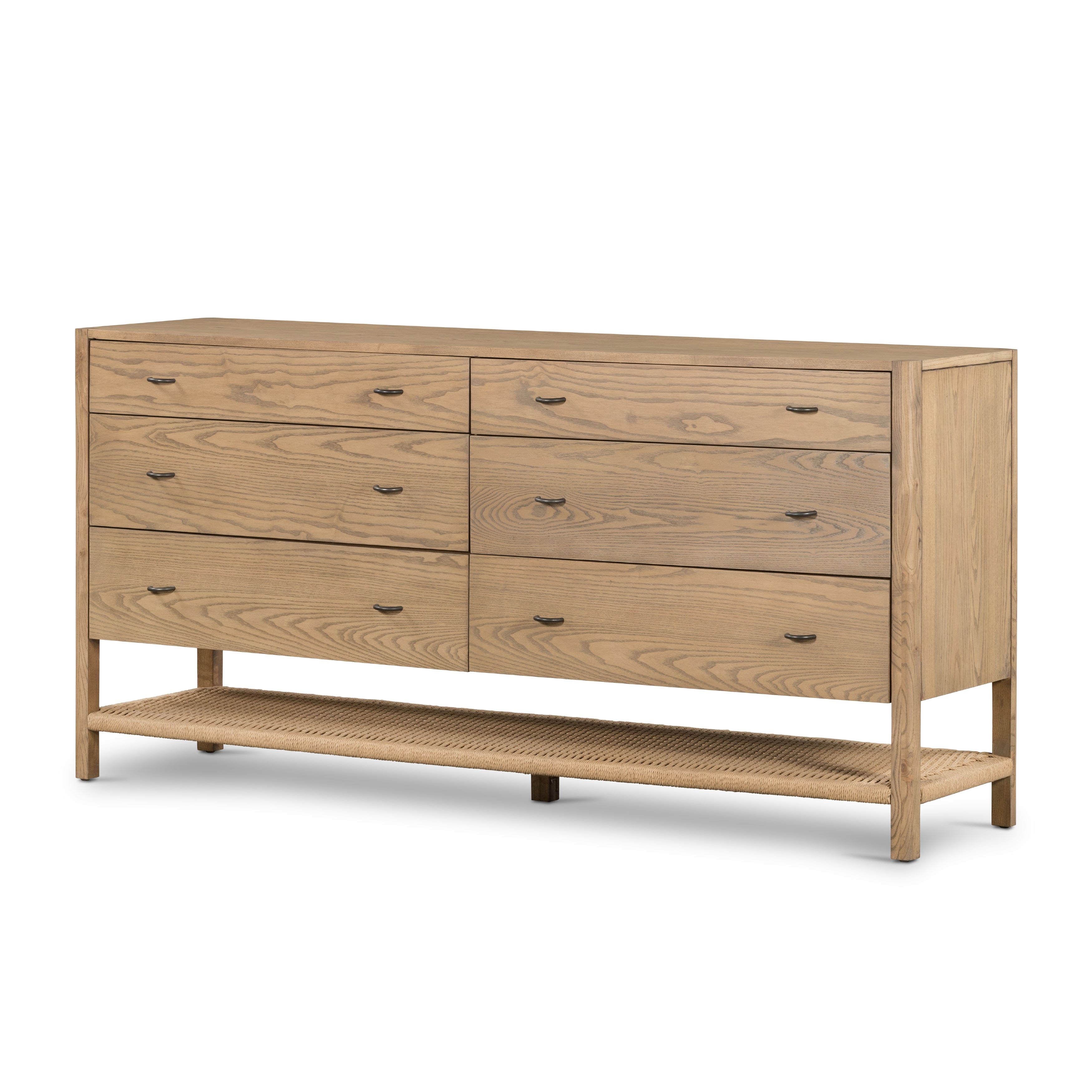 Featuring Zuma Dune Ash 6 Drawer Dresser by Four Hands at Amethyst Home. Simple yet refined, the Zuma Dune Ash 6 Drawer Dresser is a danish design-influenced dresser that is made from solid ash, with iron hardware finished in a sleek gunmetal. Stretcher-style shelving made from woven paper cord serves up a textural finishing touch. Six spacious drawers bring generous storage space to the bed. Amethyst Home provides interior design services, furniture, rugs, and lighting in the Monterey metro area.