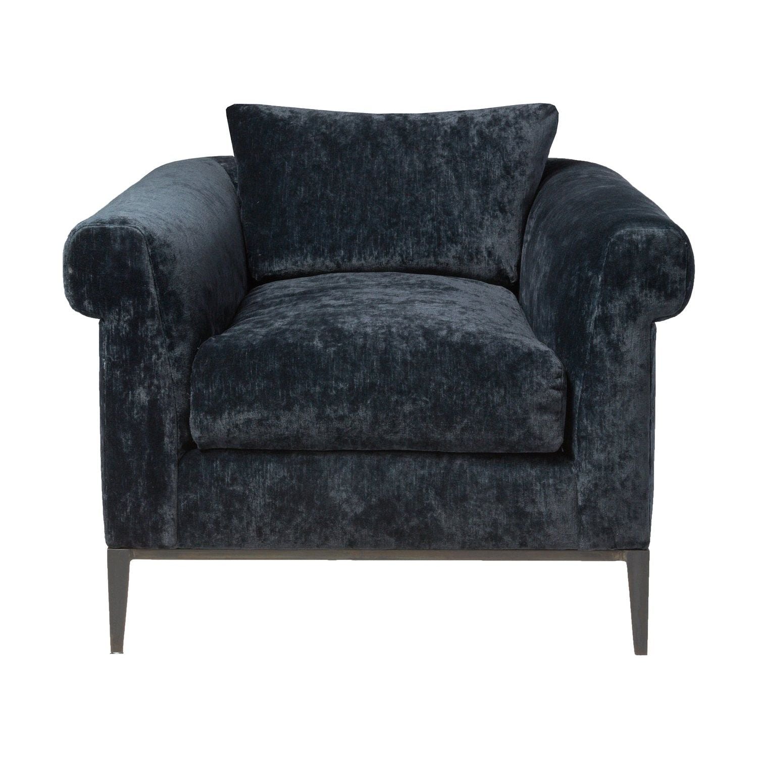 The Henrietta Chair by Cisco Brothers is the ideal mid-century accent to your living room style. This dashing piece boasts a distinctive style, with elegant roll arms and metal black-rust legs. This chair is a fresh look on a classic style, updating the familiar silhouette with a unique twist. This chair is photographed in Mariet Natural and in Velluto Midnight. The organic linen & cotton fabric collection is machine washable (not dryer friendly -- please air dry!).
