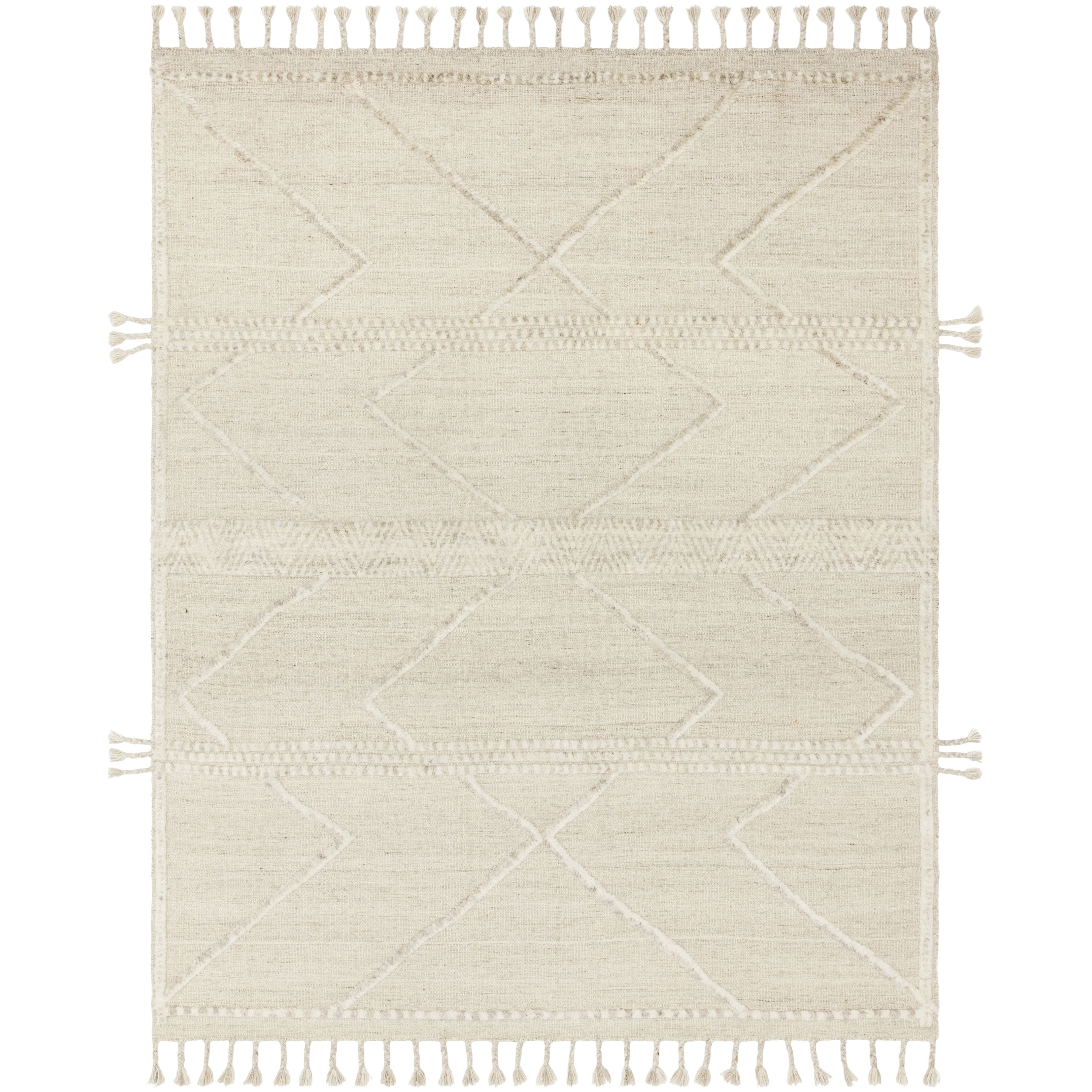 Iman Beige/Ivory Rug - Amethyst Home A new take on Moroccan style rugs, the Iman Collection is hand-knotted of 100% wool pile by skilled artisans in India. The surface features linear and braided details, creating tonal variations that make each piece unique. Plus, each design is finished with playful fringe.