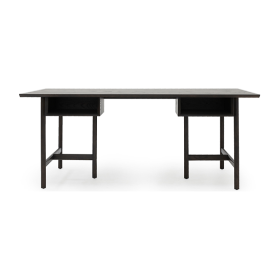 A beautiful, fumed black desk made by Verellen. The Isola Desk is made from gorgeous ash wood with stylish open storage. The desk adds sophistication and a minimal approach to work and play. Made entirely from solid wood -- no veneer needed. Amethyst Home provides interior design, new home construction design consulting, vintage area rugs, and lighting in the Newport Beach metro area.