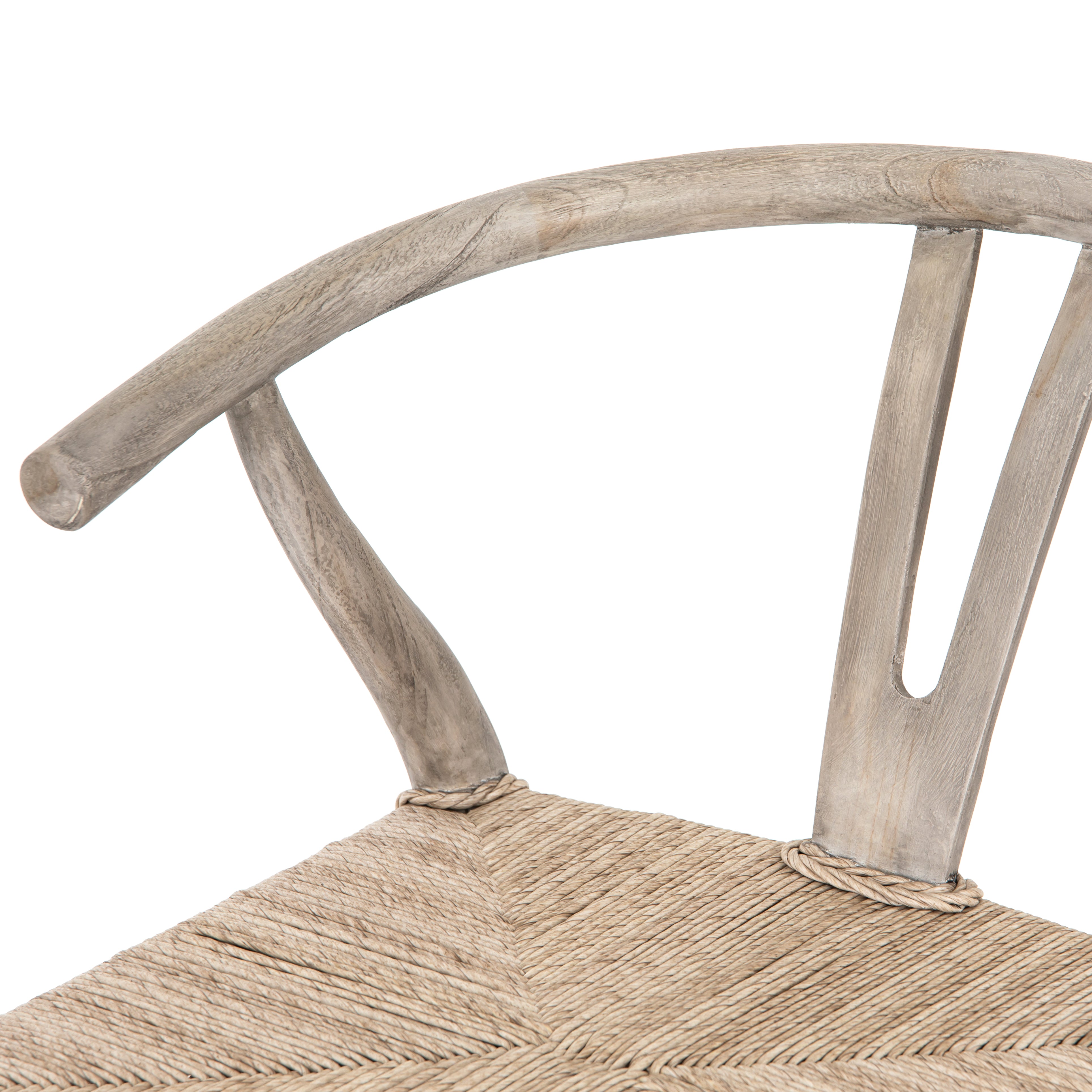 Modern curves redefine the classic wishbone-style counter stool. Vintage white all-weather wicker is woven for a dose of fresh texture within weathered grey teak framing. Cover or store indoors during inclement weather and when not in use.  Pictured in Weathered Grey. Also available in Black Teak and Matte Sealed Teak.  Overall Size: 21.50"w x 22.50"d x 38.50"h Seat Depth: 18.25" Seat Height: 26.50"