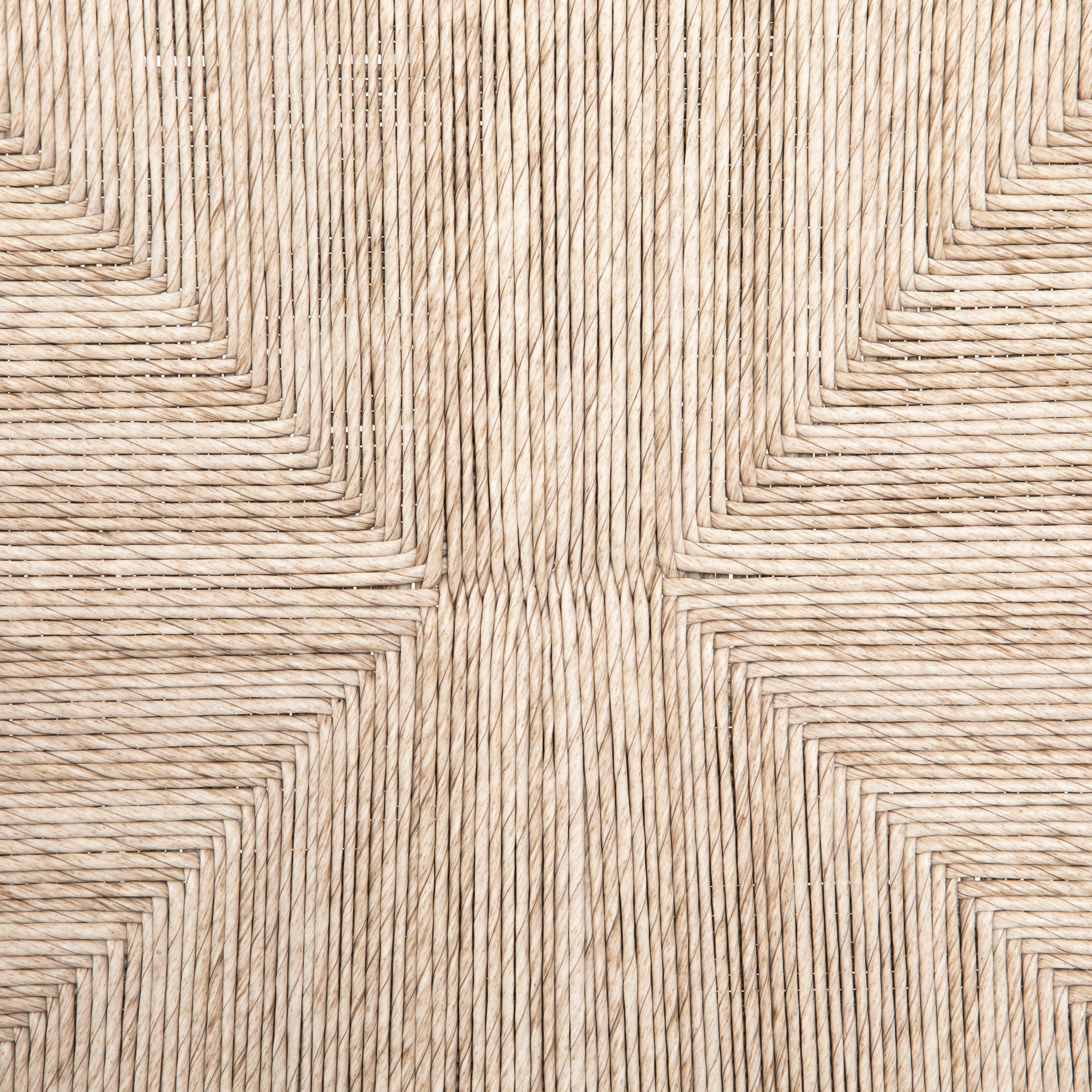 Modern curves redefine the classic wishbone-style counter stool. Vintage white all-weather wicker is woven for a dose of fresh texture within weathered grey teak framing. Cover or store indoors during inclement weather and when not in use.  Pictured in Black Teak. Also available in Weathered Grey and Matte Sealed Teak.  Overall Size: 21.50"w x 22.50"d x 38.50"h Seat Depth: 18.25" Seat Height: 26.50"