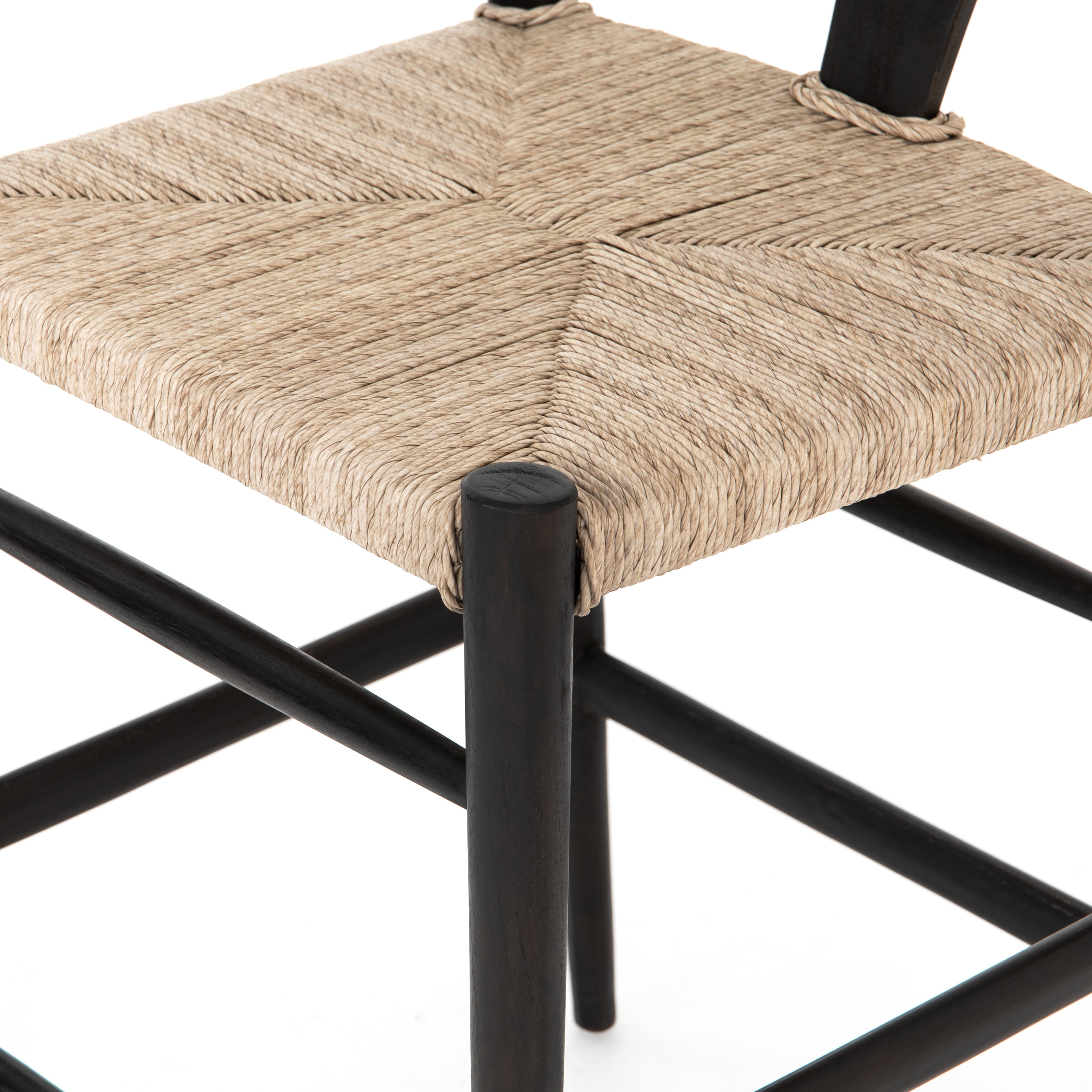 Modern curves redefine the classic wishbone-style counter stool. Vintage white all-weather wicker is woven for a dose of fresh texture within weathered grey teak framing. Cover or store indoors during inclement weather and when not in use.  Pictured in Black Teak. Also available in Weathered Grey and Matte Sealed Teak.  Overall Size: 21.50"w x 22.50"d x 38.50"h Seat Depth: 18.25" Seat Height: 26.50"