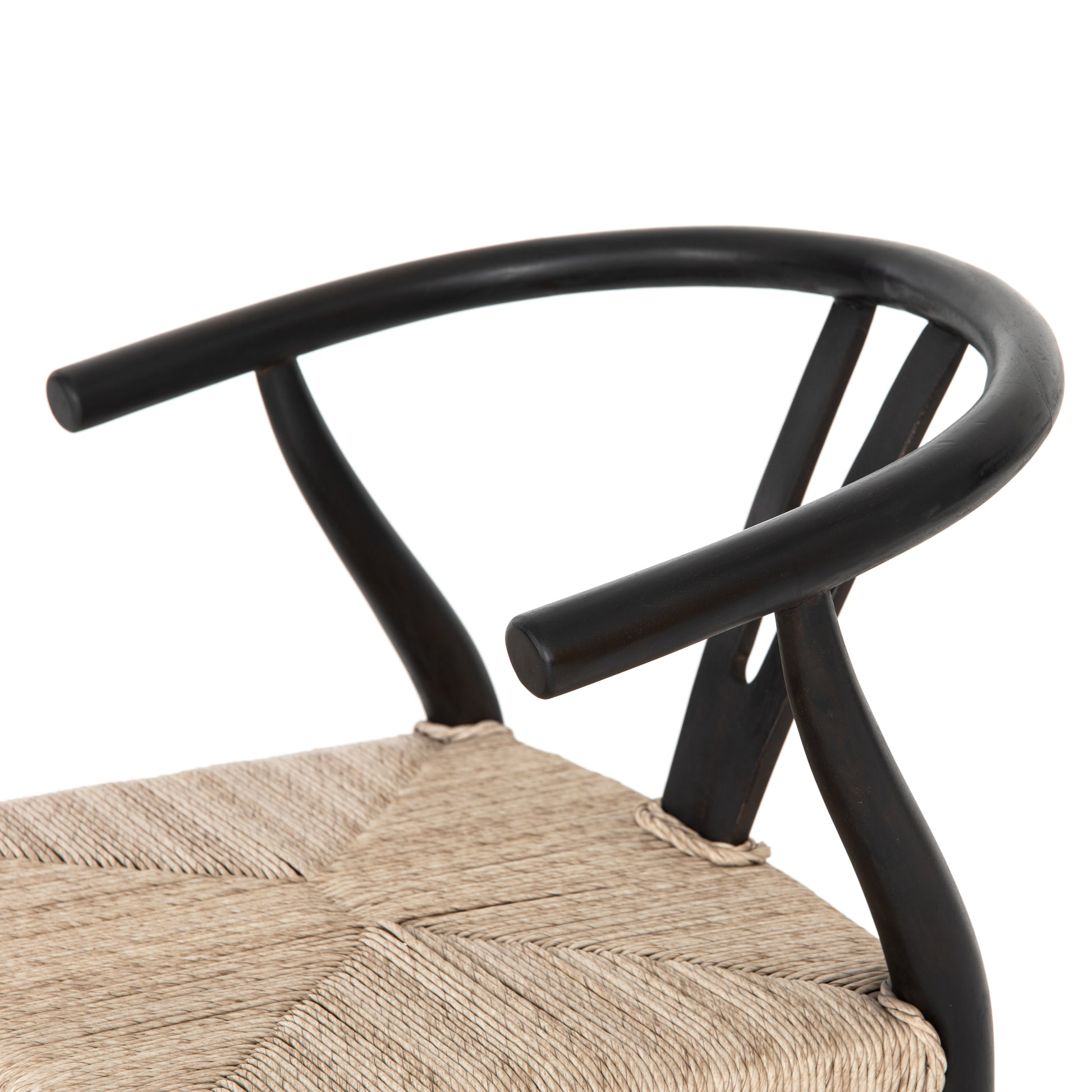 Modern curves redefine the classic wishbone-style counter stool. Vintage white all-weather wicker is woven for a dose of fresh texture within weathered grey teak framing. Cover or store indoors during inclement weather and when not in use.  Pictured in Black Teak. Also available in Weathered Grey and Matte Sealed Teak.  Overall Size: 21.50"w x 22.50"d x 38.50"h Seat Depth: 18.25" Seat Height: 26.50"
