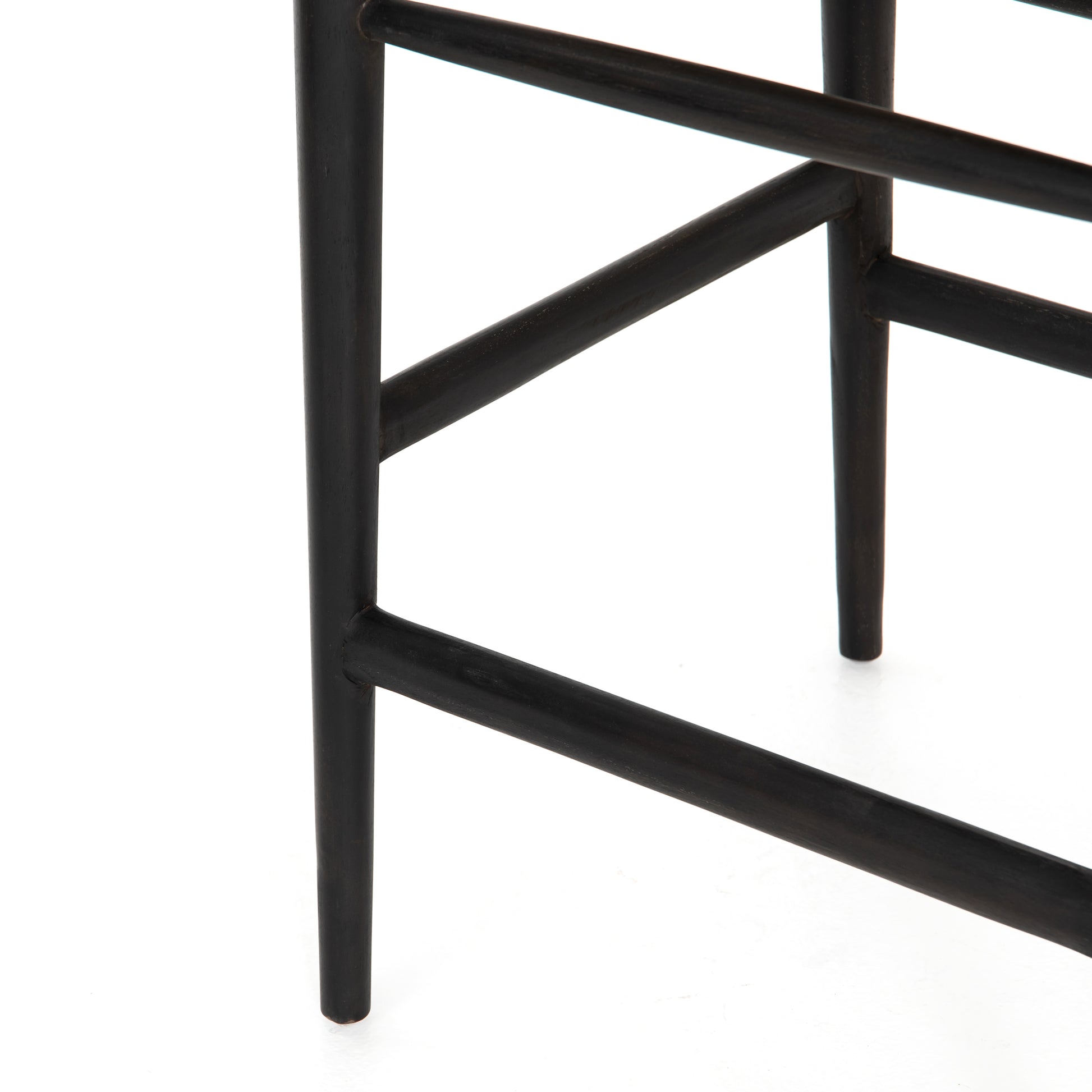 Modern curves redefine the classic wishbone-style counter stool. Vintage white all-weather wicker is woven for a dose of fresh texture within weathered grey teak framing. Cover or store indoors during inclement weather and when not in use.  Pictured in Black Teak. Also available in Weathered Grey and Matte Sealed Teak.  Overall Size: 21.50"w x 22.50"d x 38.50"h Seat Depth: 18.25" Seat Height: 26.50"
